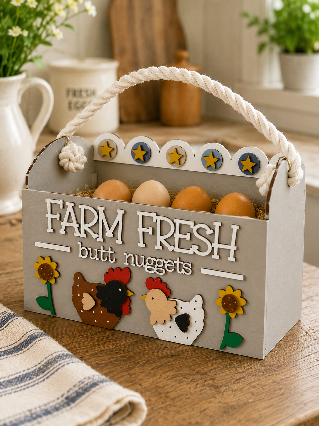 Farm Fresh Butt Nuggets wooden egg holder hand painted in Country Mist farmhouse finish.