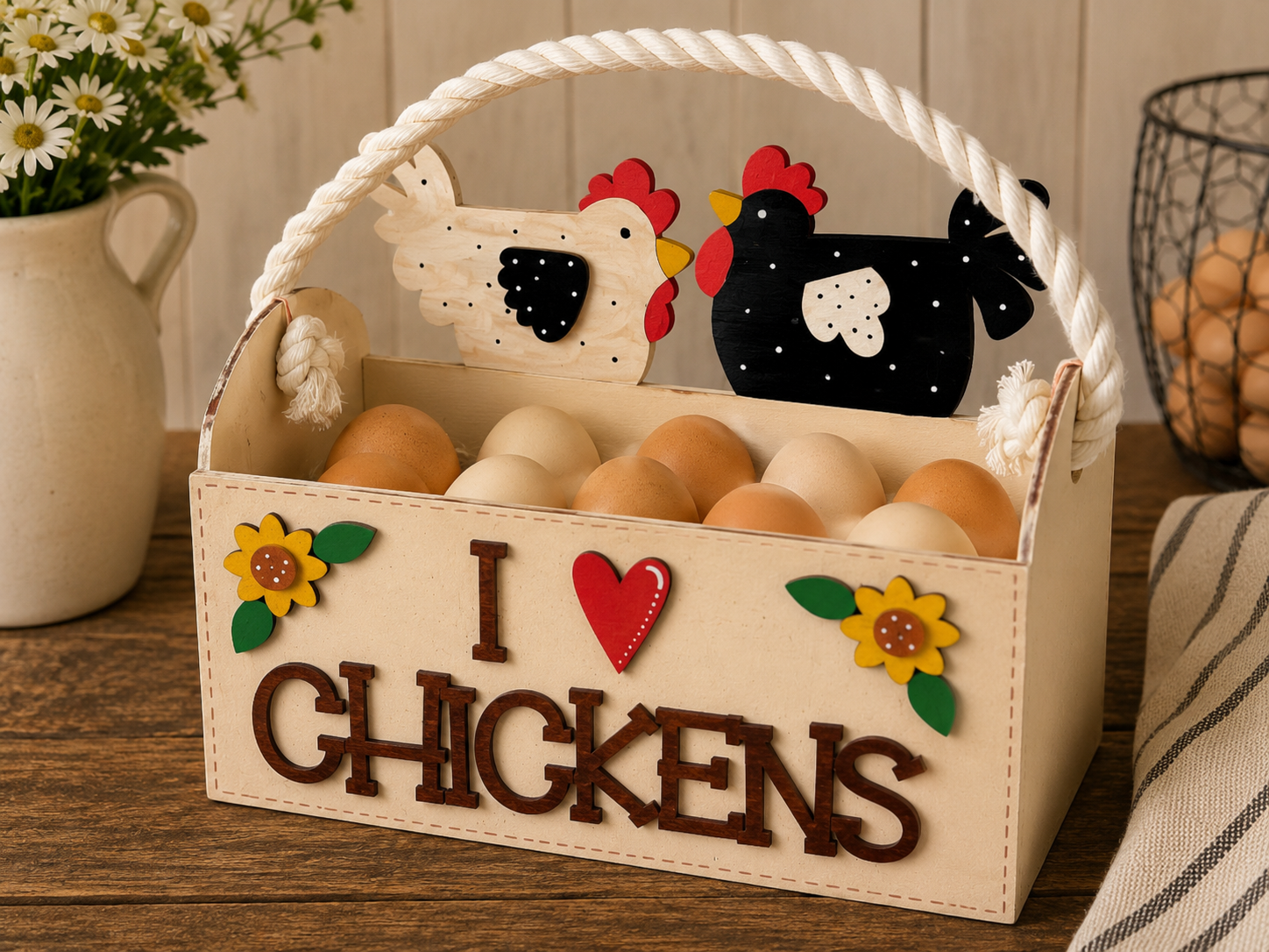 Buttermilk wooden chicken egg carrier with rope handle