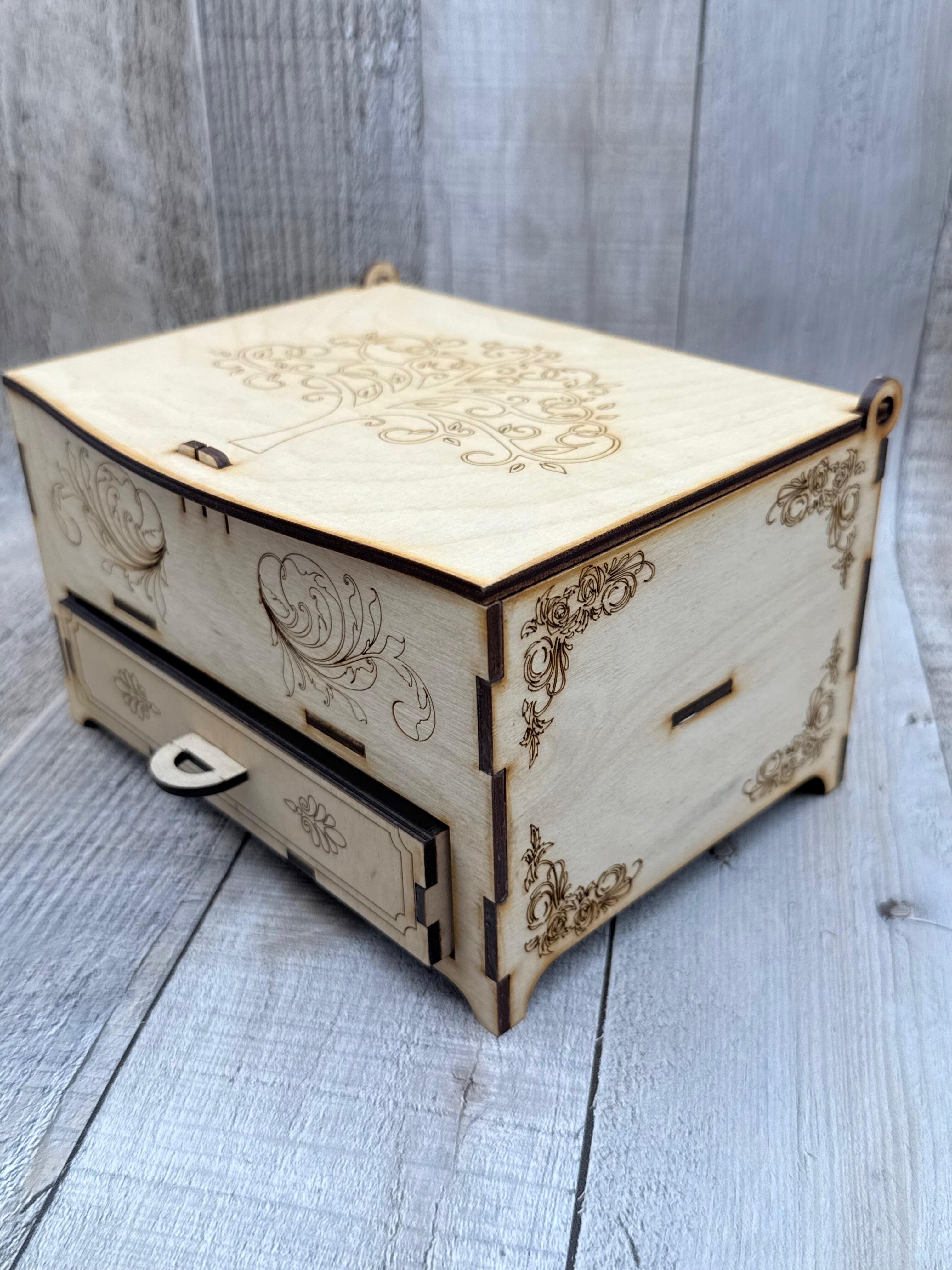 Vintage wooden trinket box with drawer and engraved tree design
