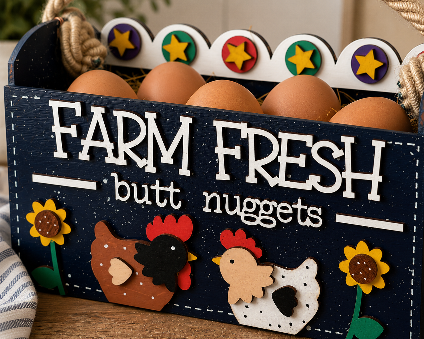 Farm Fresh Butt Nuggets wooden egg holder hand painted in Midnight Barn farmhouse finish.