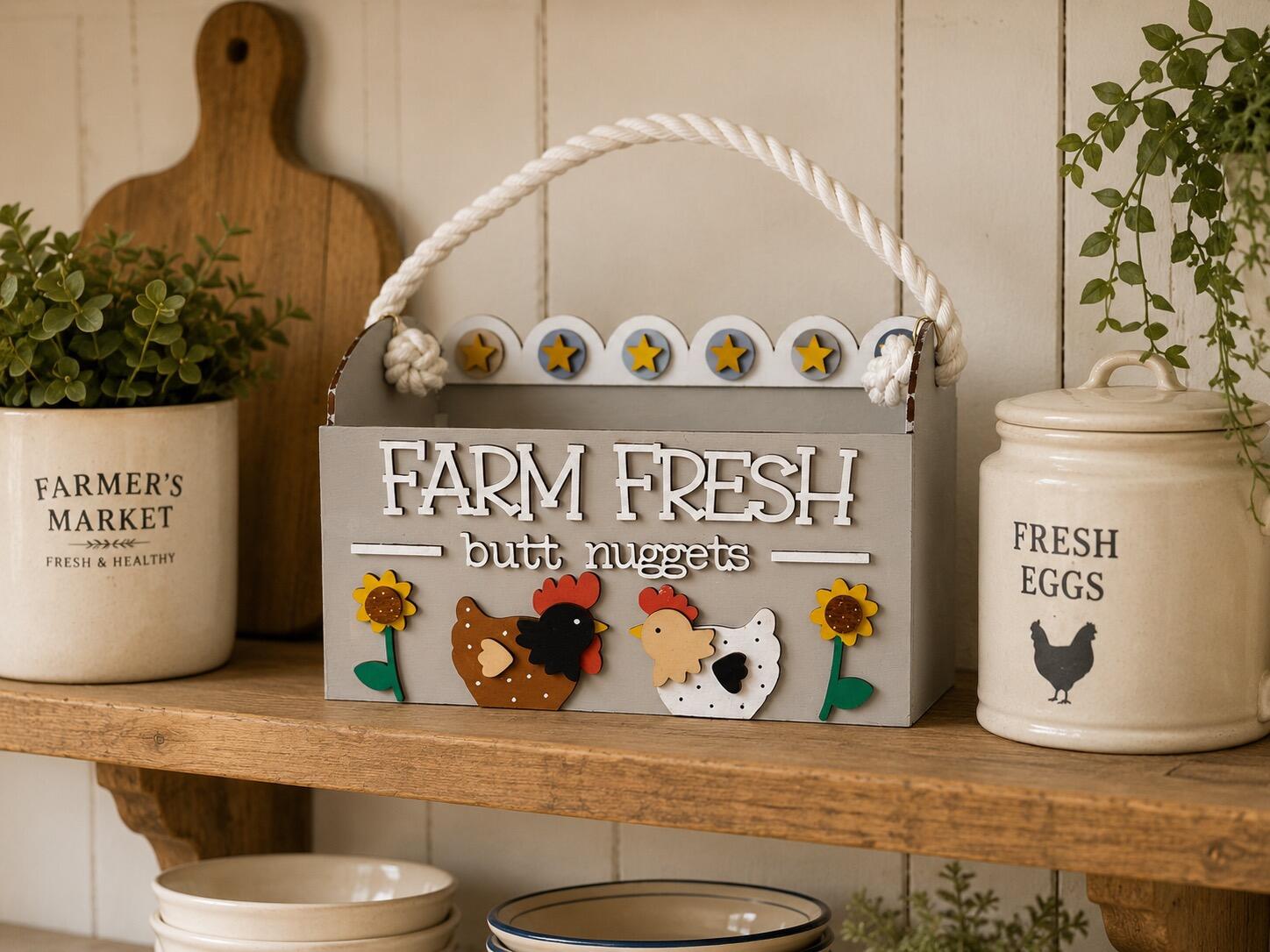 Farm Fresh Butt Nuggets wooden egg holder hand painted in Country Mist farmhouse finish.