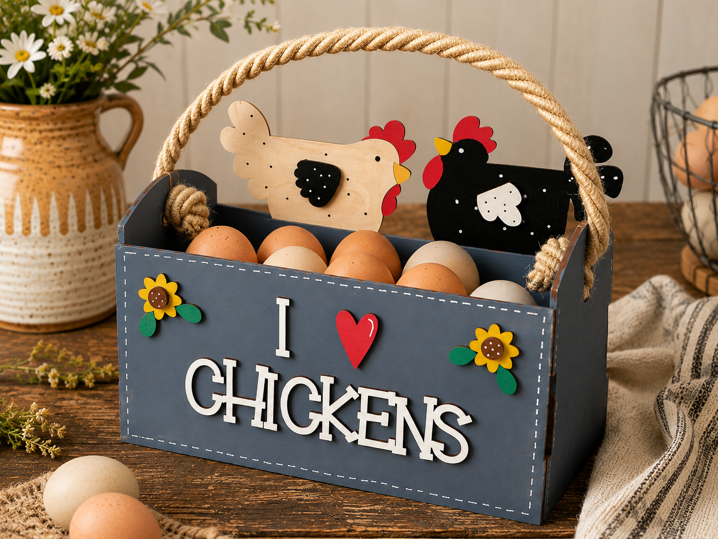 I Love Chickens wooden egg carrier in Slate by Red Berry Crafts