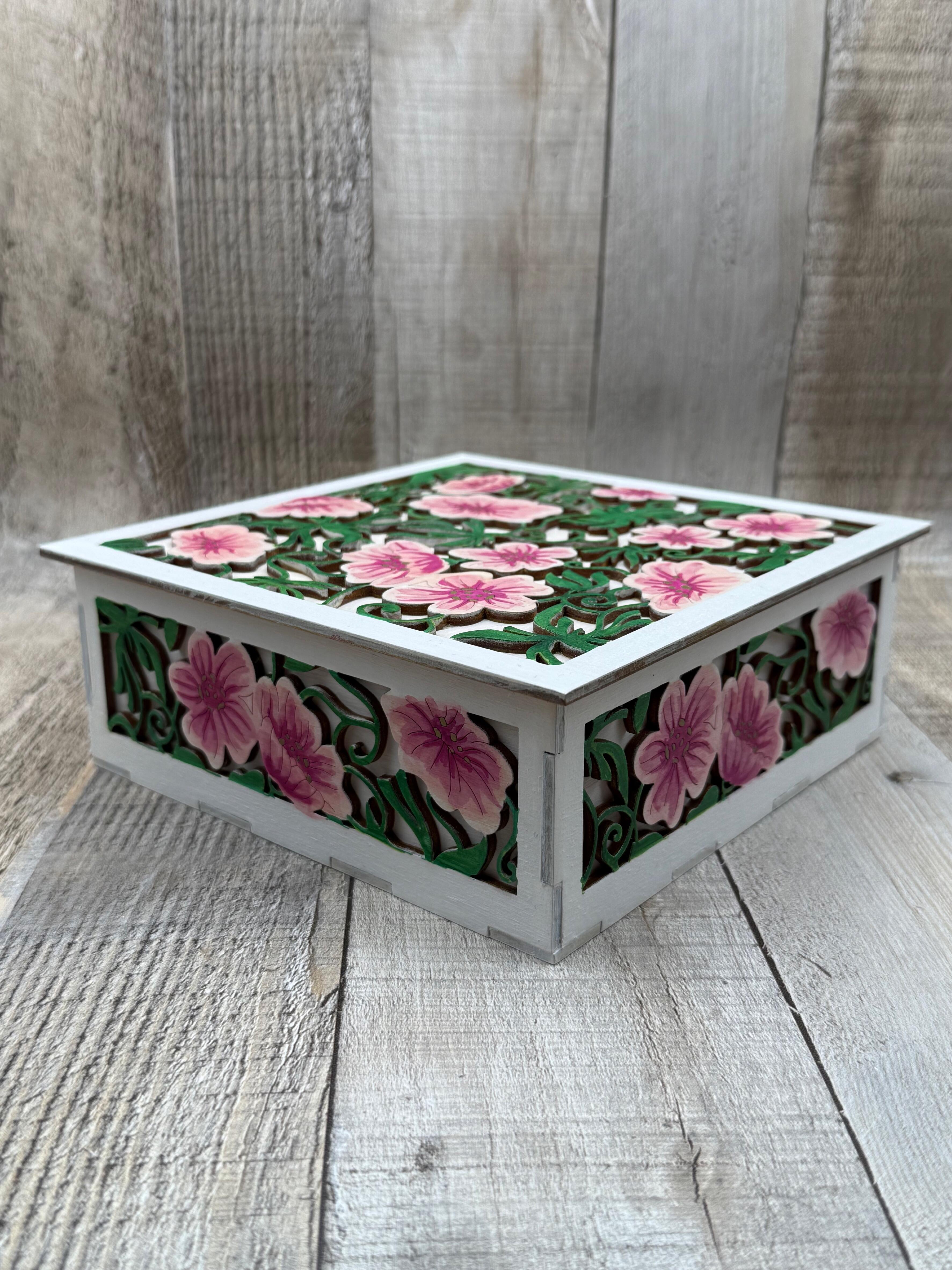 HAND PAINTED FLORAL LAYERED WOODEN KEEPSAKE BOX WITH LID
