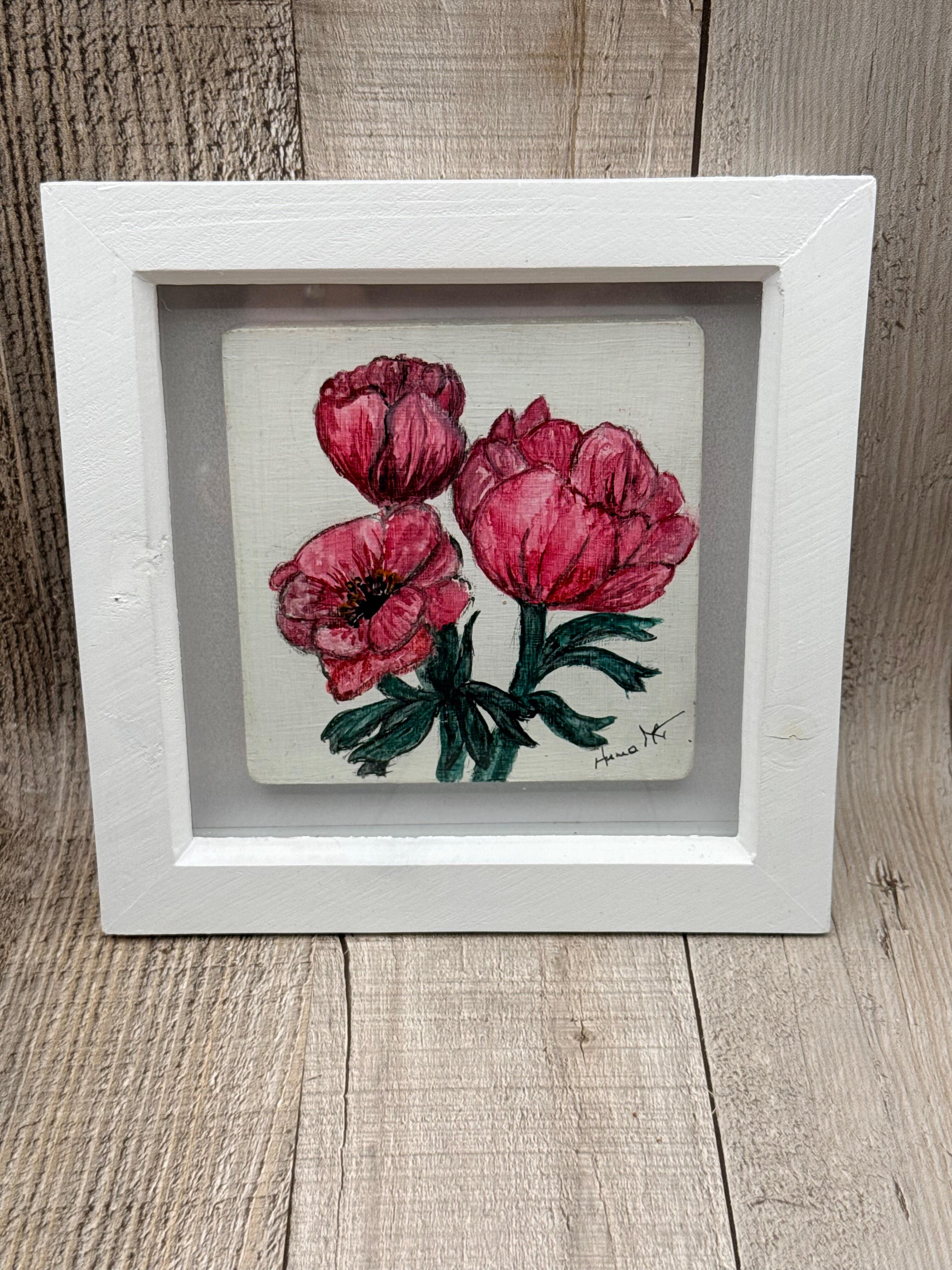 HAND PAINTED WOODEN PANEL - FRAMED ACRYLIC ANEMONE FLORAL ART