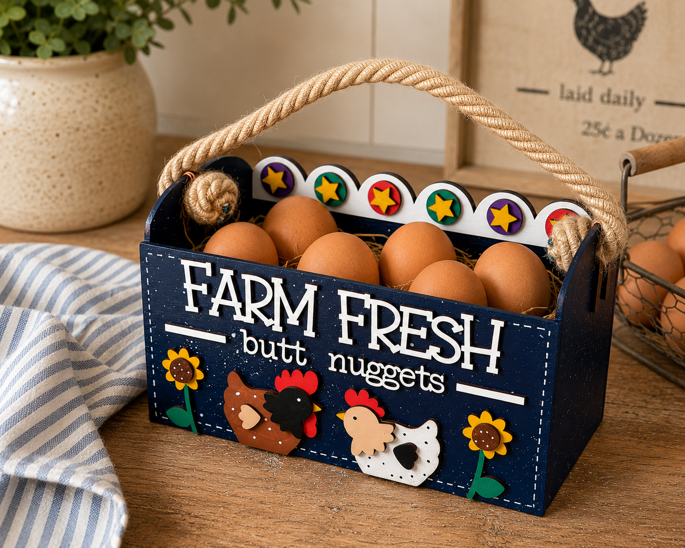 Farm Fresh Butt Nuggets wooden egg holder hand painted in Midnight Barn farmhouse finish.