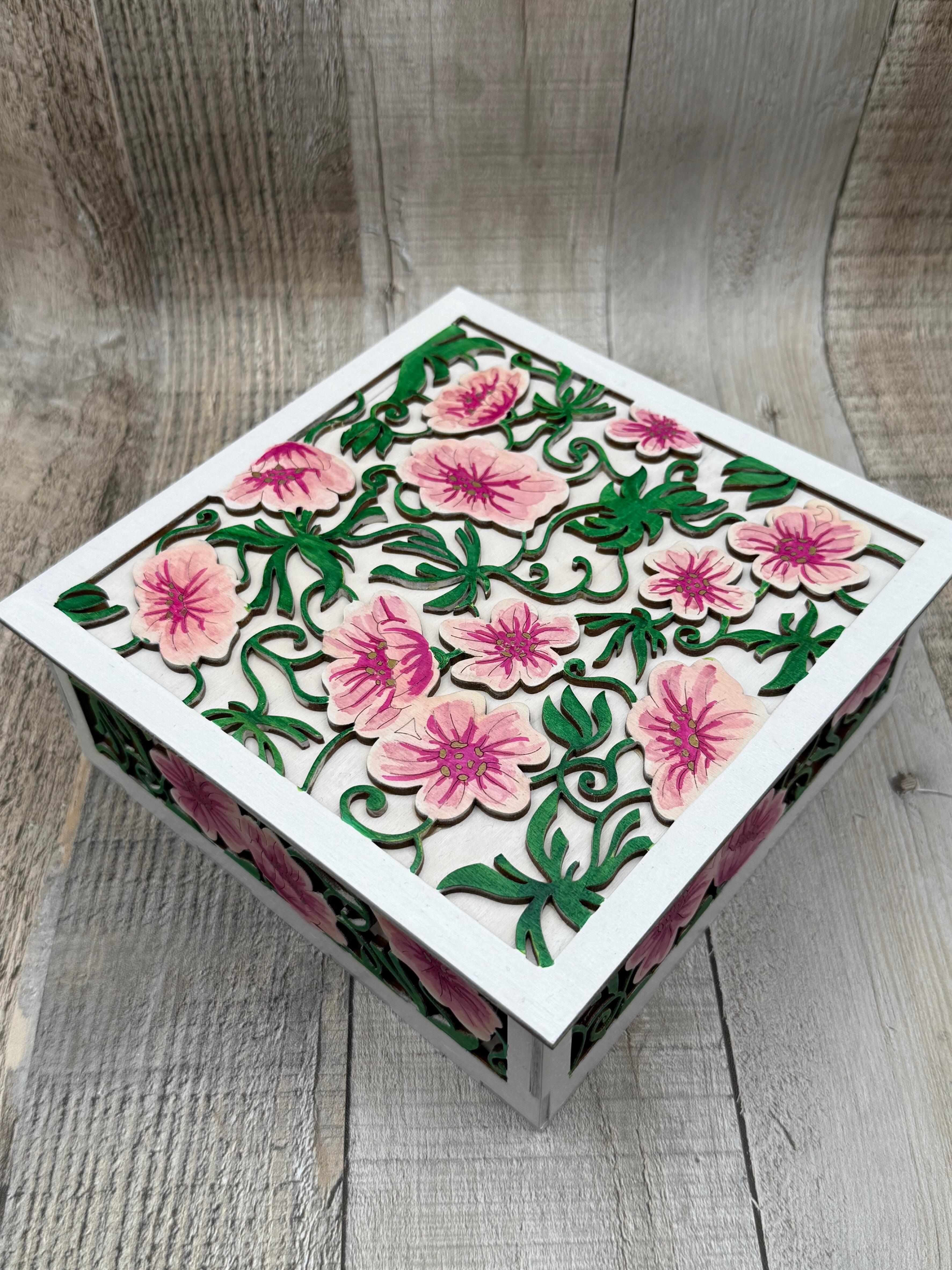 FLORAL LAYERED WOODEN KEEPSAKE BOX WITH LID - HAND PAINTED