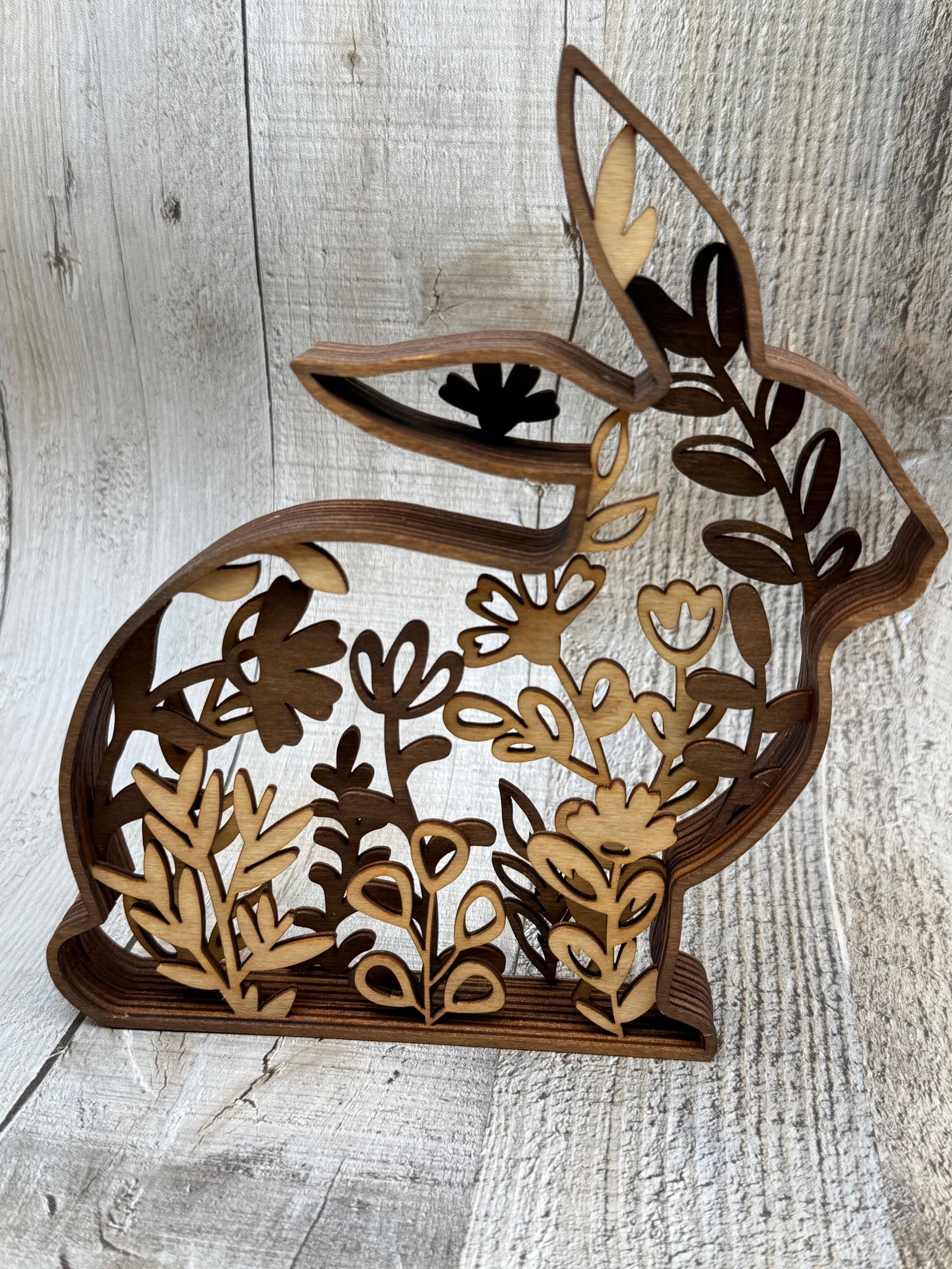 Handmade floral wooden bunny Easter display