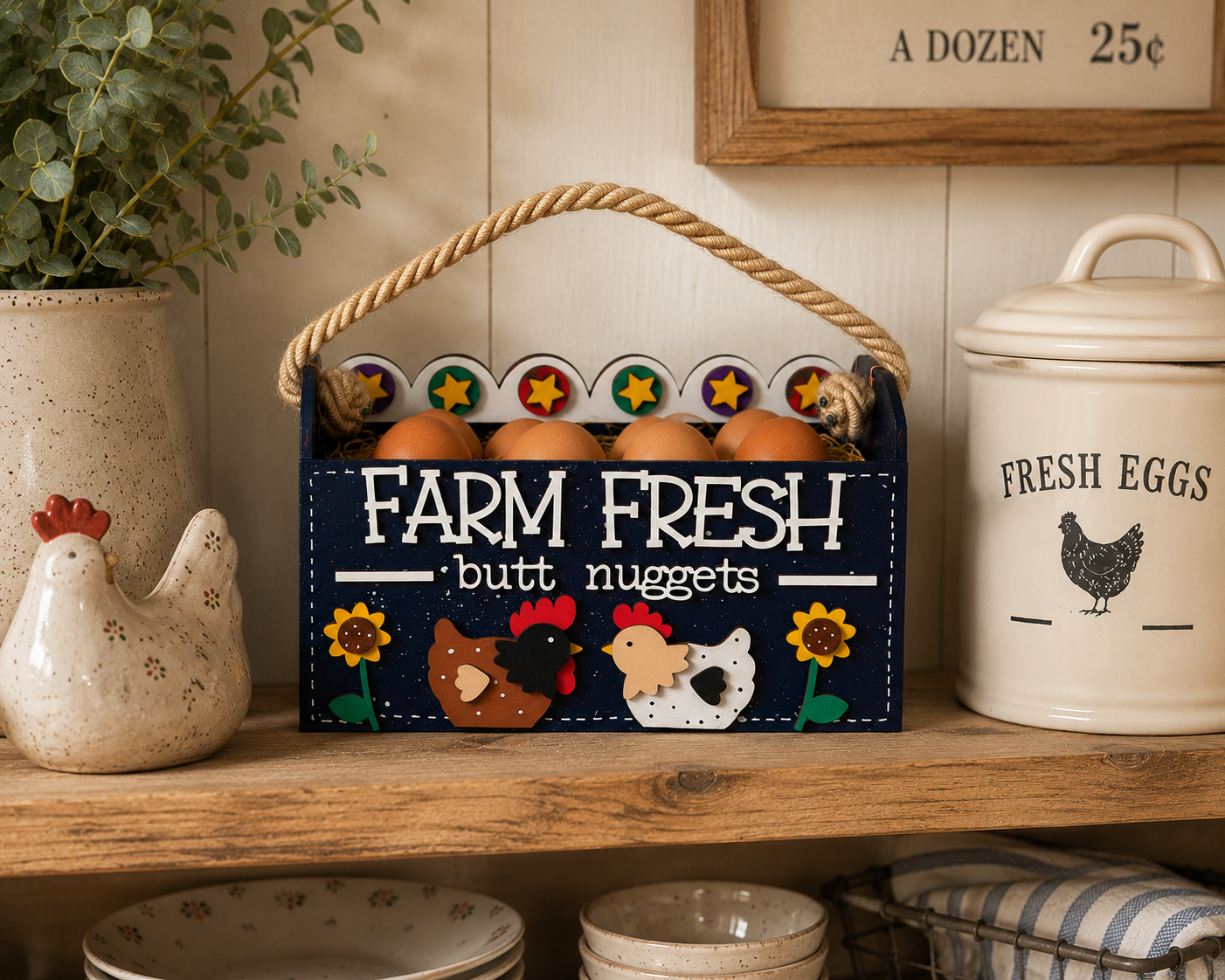 Farm Fresh Butt Nuggets wooden egg holder hand painted in Midnight Barn farmhouse finish.