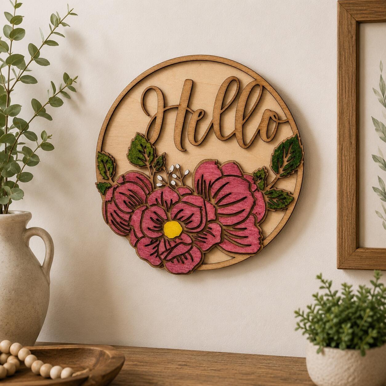 FLORAL LAYERED WOODEN "HELLO" WALL PLAQUE