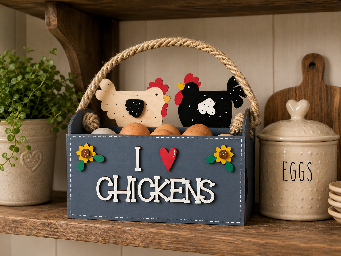 Slate grey wooden chicken egg collecting basket with rope handle