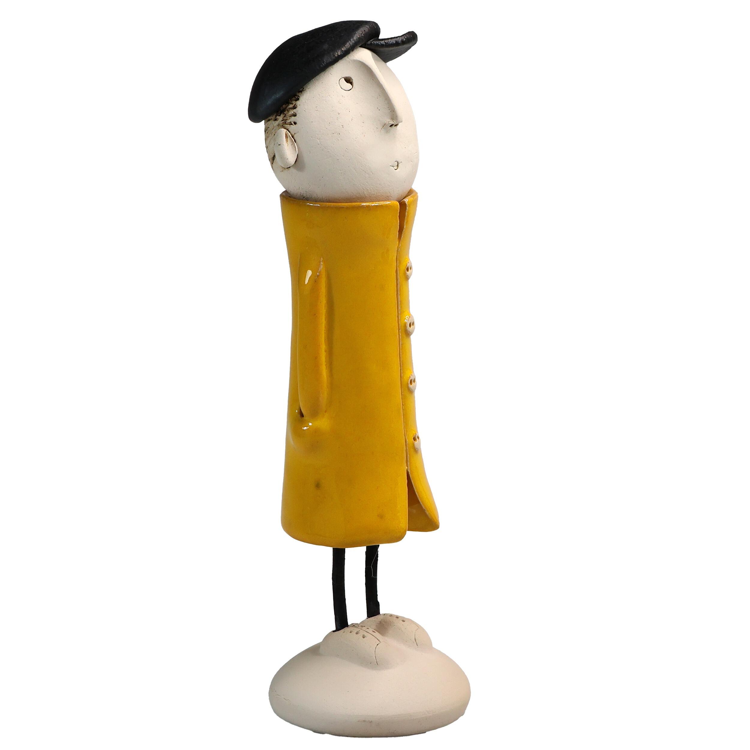 Handmade Ceramic Man Figurine in Great Coat & Baseball Cap | Couples Home Décor Gift