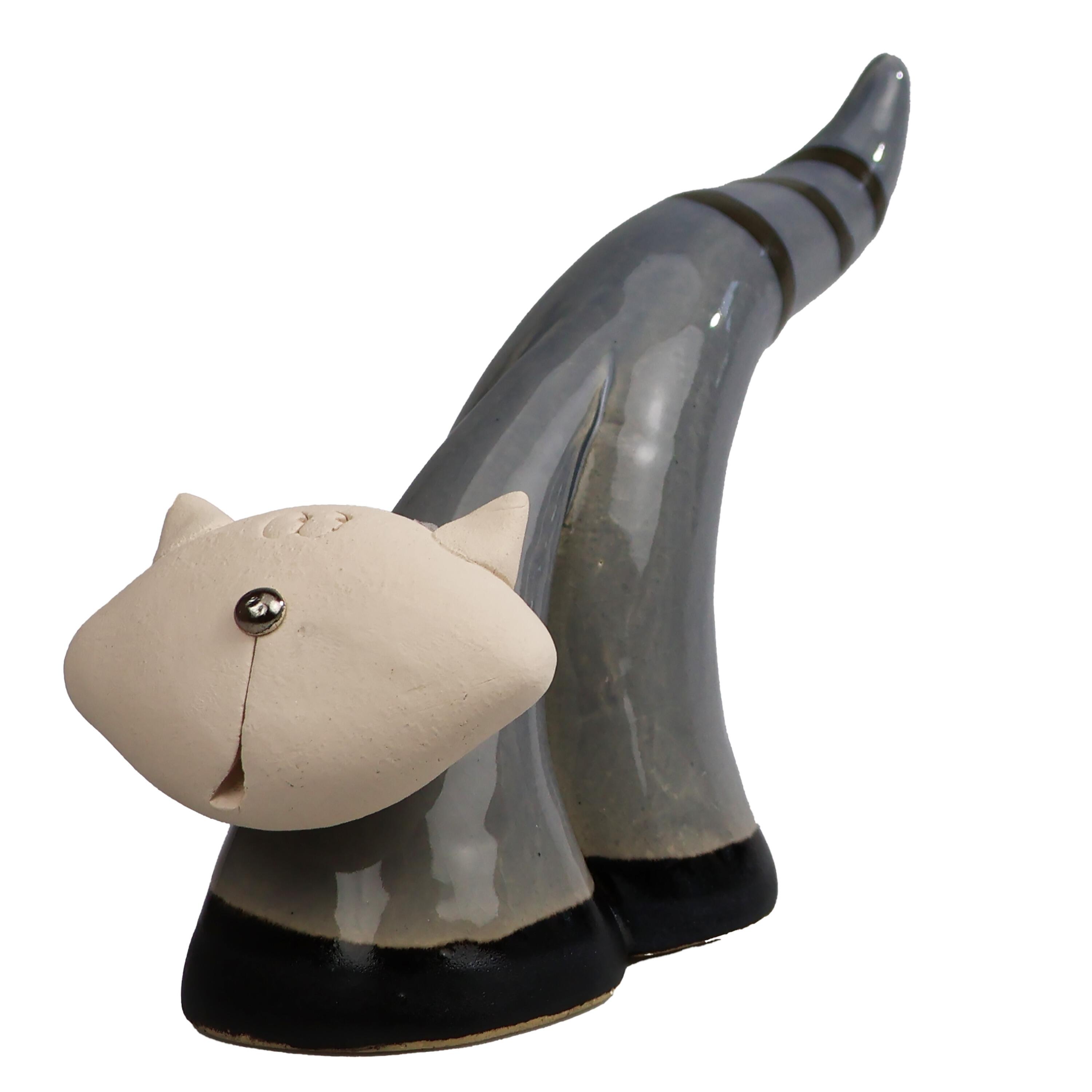 Handmade Ceramic Slender Cat with Elongated Striped Tail – Contemporary Style