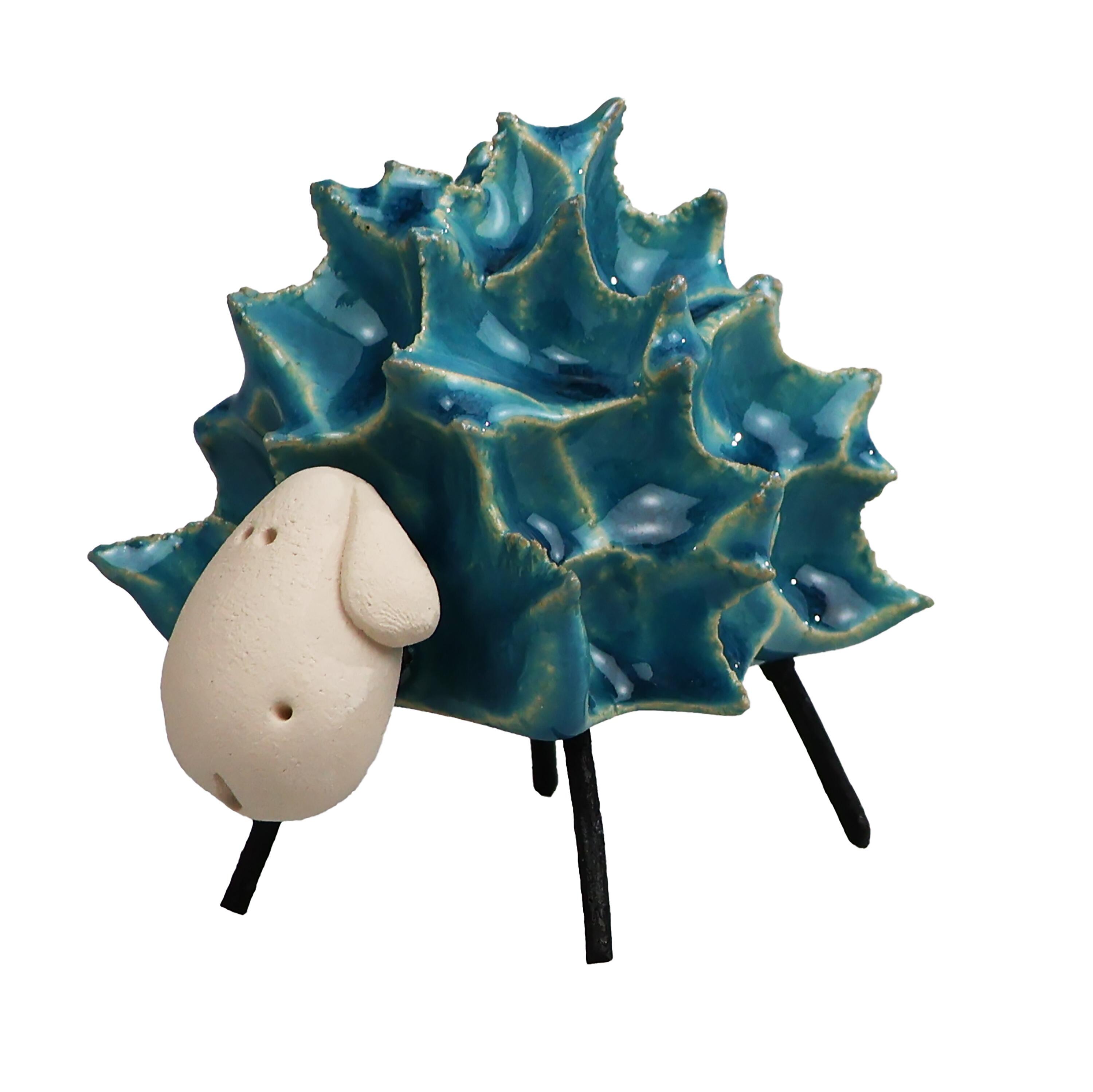 Baby fluffy sheep handmade ceramic ornament with metal legs. Cute, charming décor and a perfect gift for animal lovers.