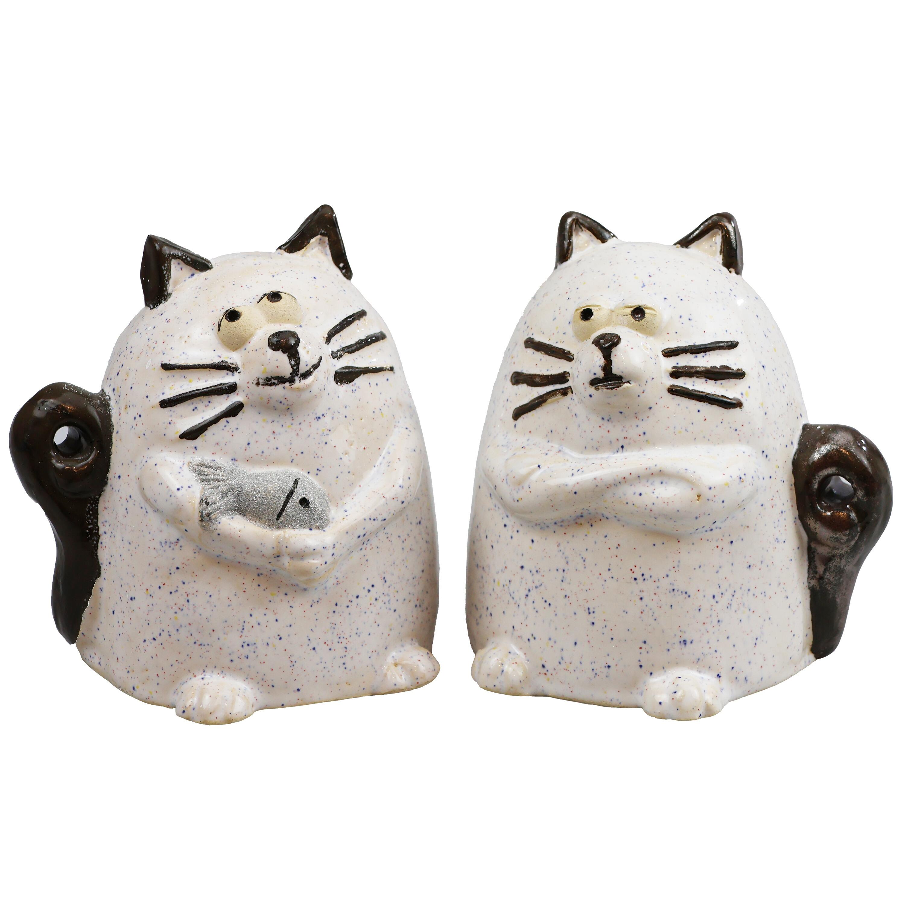 Funky handmade ceramic grumpy cat in a variety of colours with metallic tail. Hand-built, whimsical, and collectible decorative sculpture.