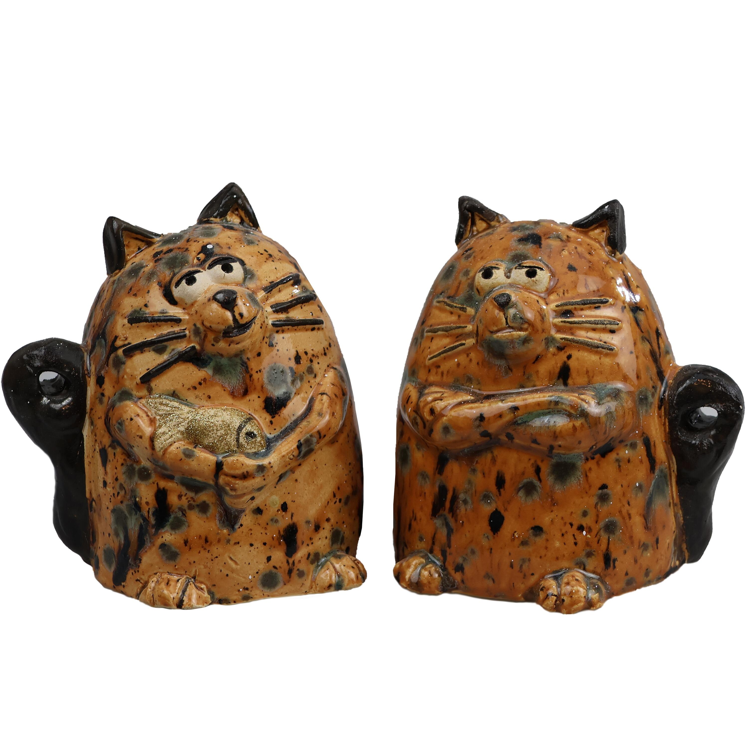 Funky Handmade Ceramic Grumpy Cat with Fish in Various Colours and Metallic Tail