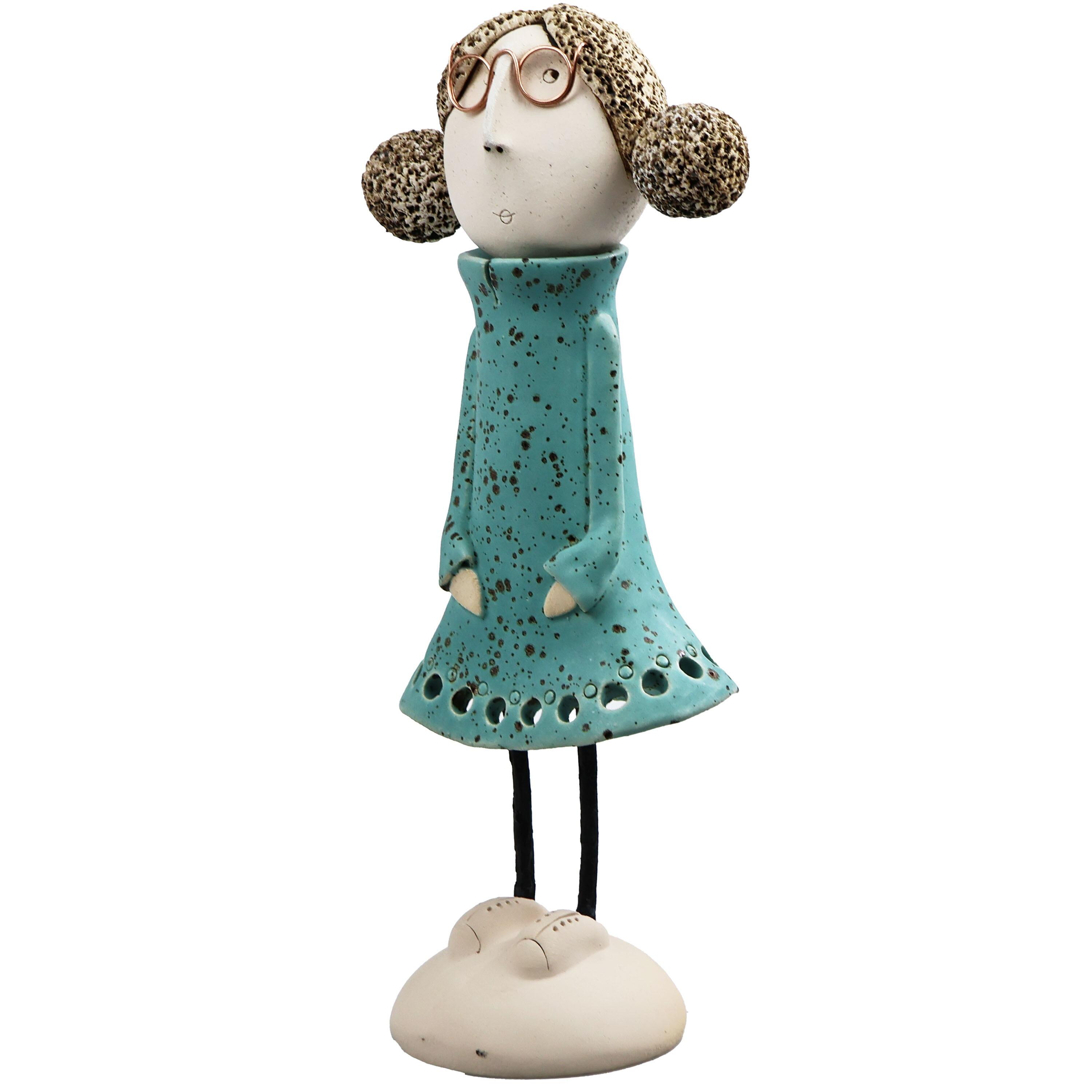 Handmade Ceramic Girl Figurine with Rounded Bunches | Home Décor Gift