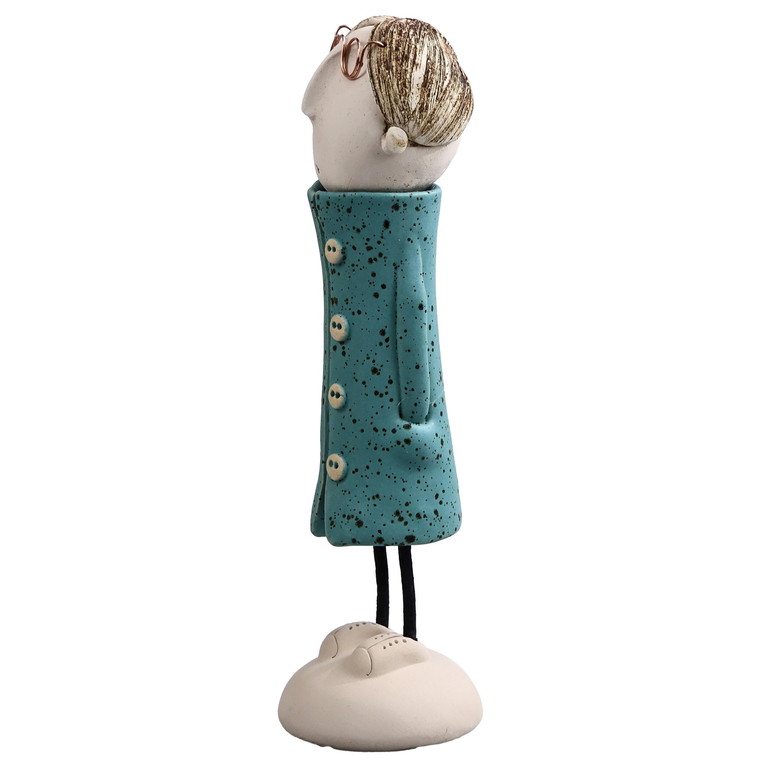 Handmade Ceramic Long-Haired Man Figurine with Specs & Great Coat | Couples Home Décor Gift
