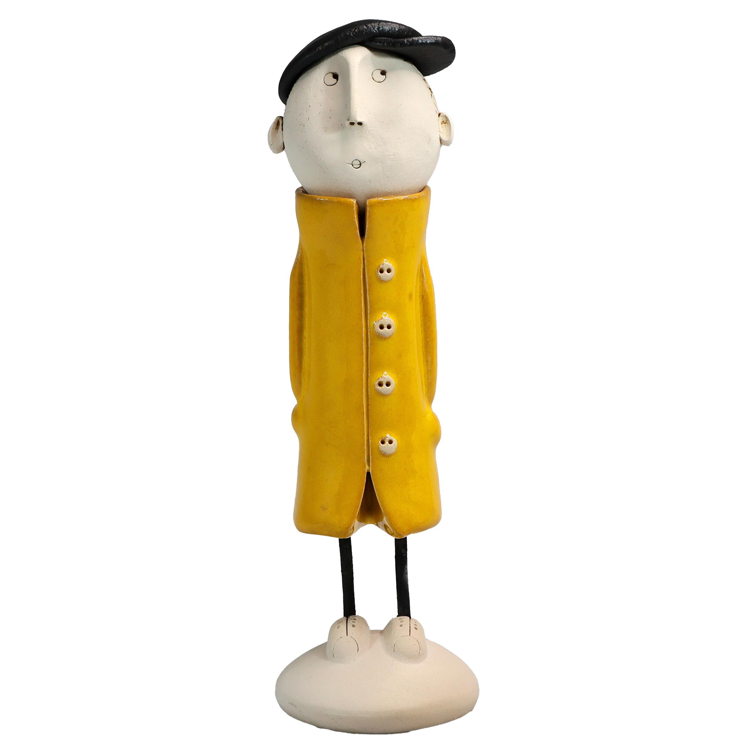Handmade Ceramic Man Figurine in Great Coat & Baseball Cap | Couples Home Décor Gift