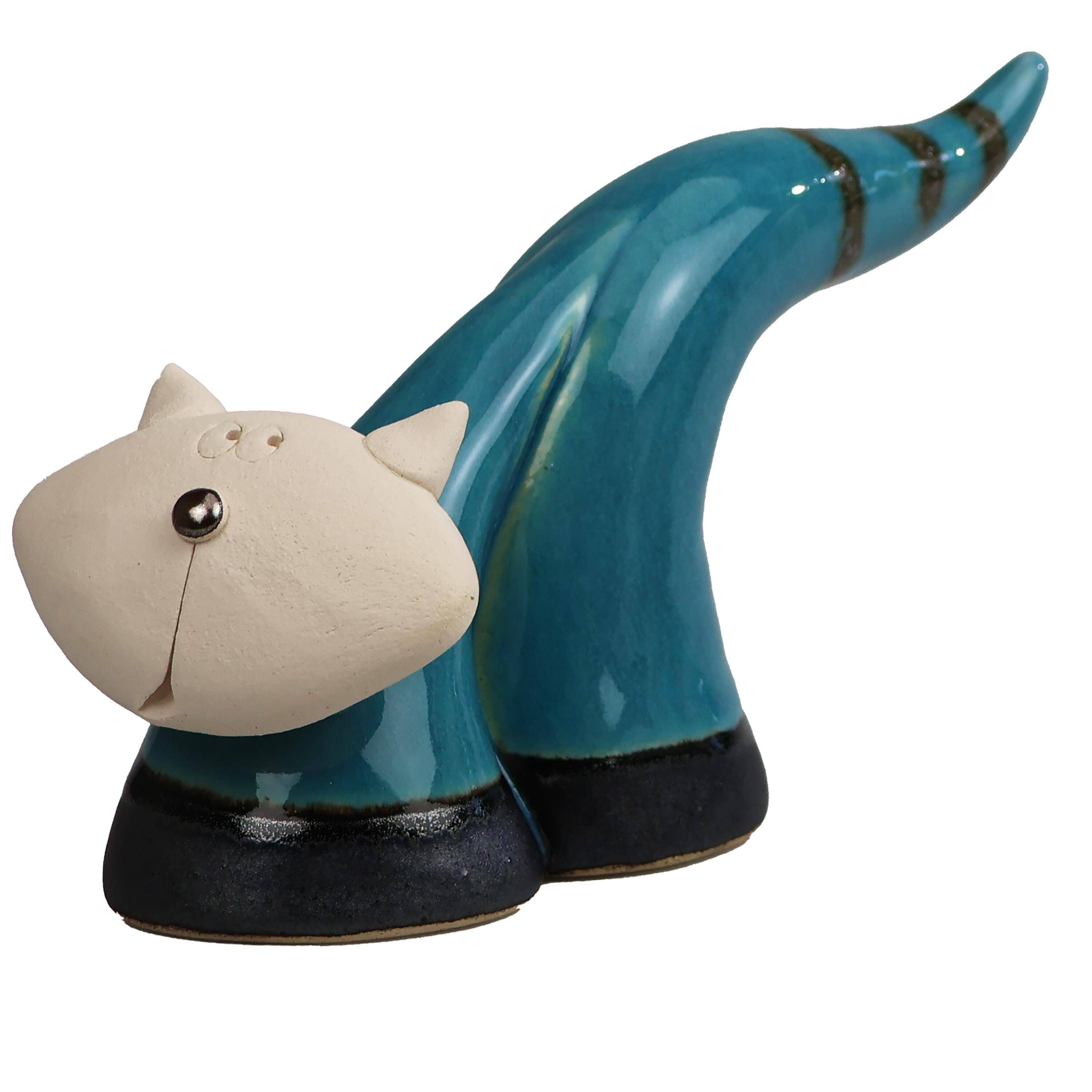 Handmade Ceramic Slender Cat with Elongated Striped Tail – Contemporary Style