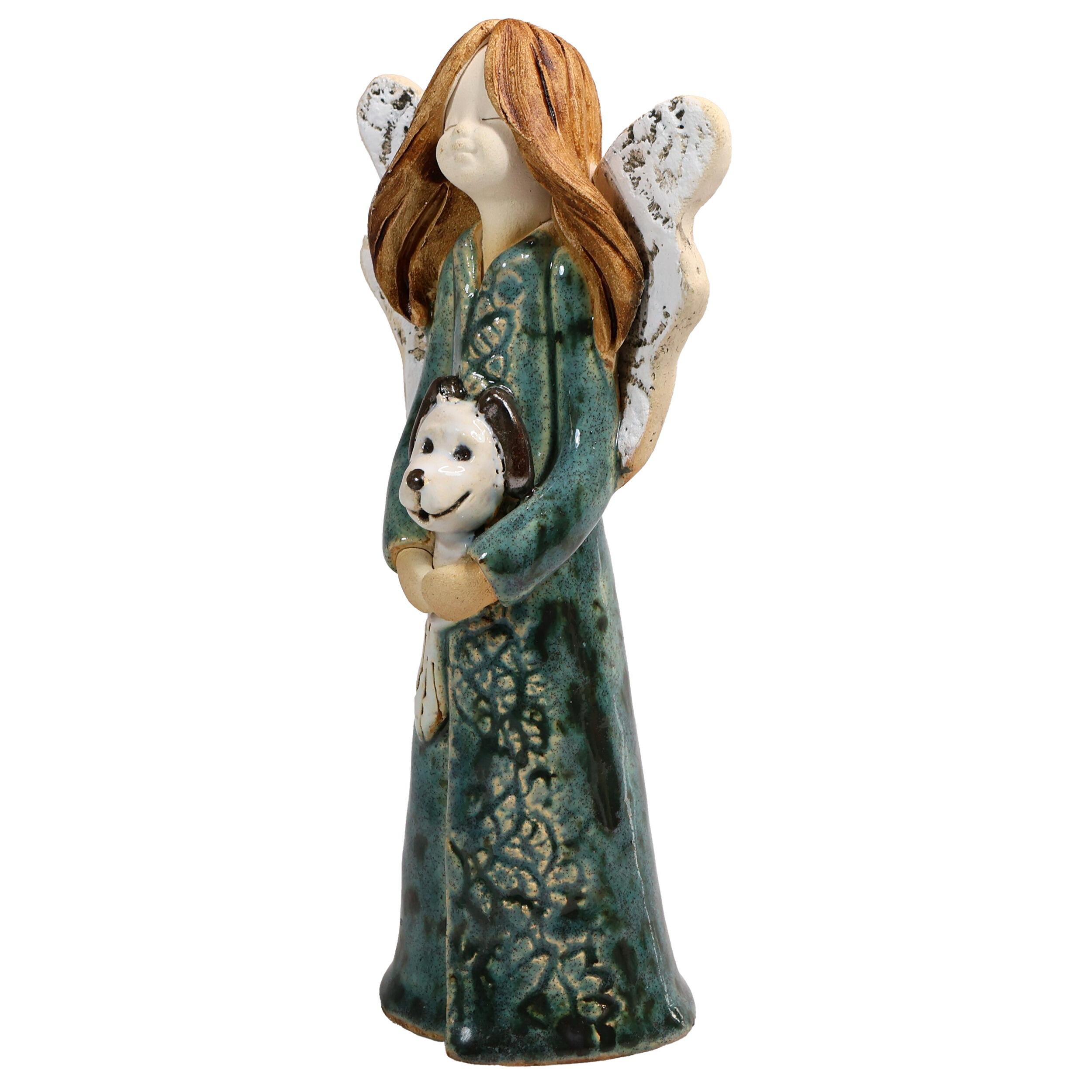 Handmade ceramic angel in a teal dress with a white dog, gift-packed. Unique ornament celebrating “The dog makes a house a home.”