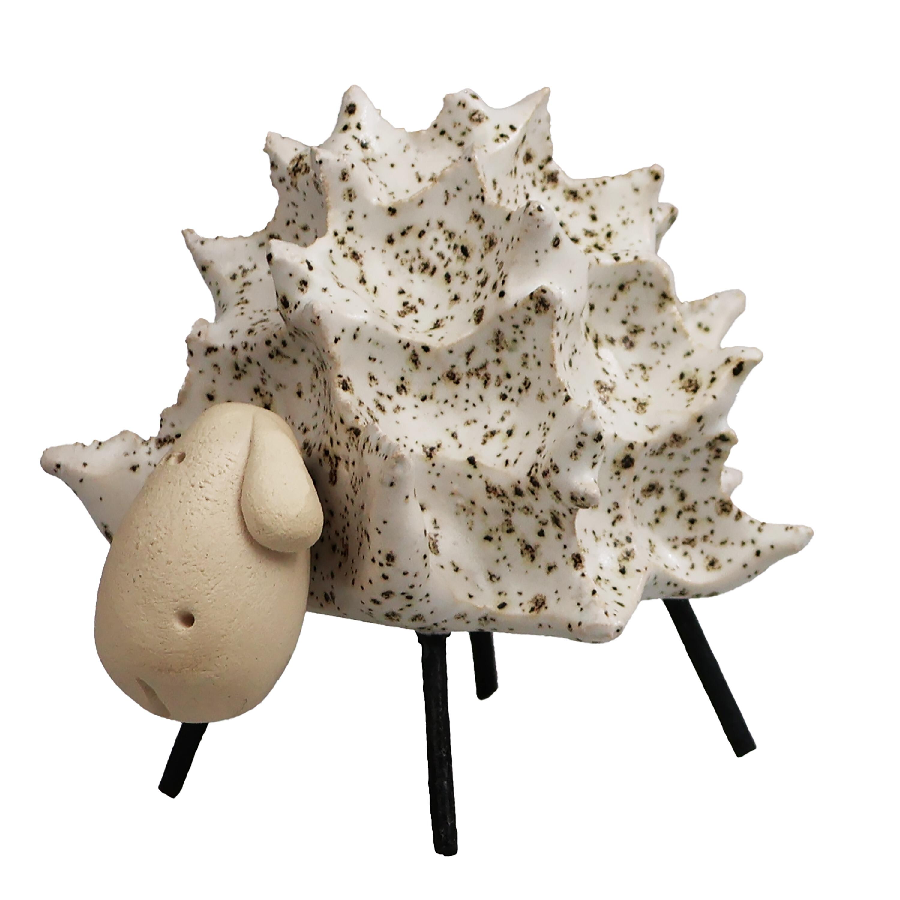 Baby fluffy sheep handmade ceramic ornament with metal legs. Cute, charming décor and a perfect gift for animal lovers.