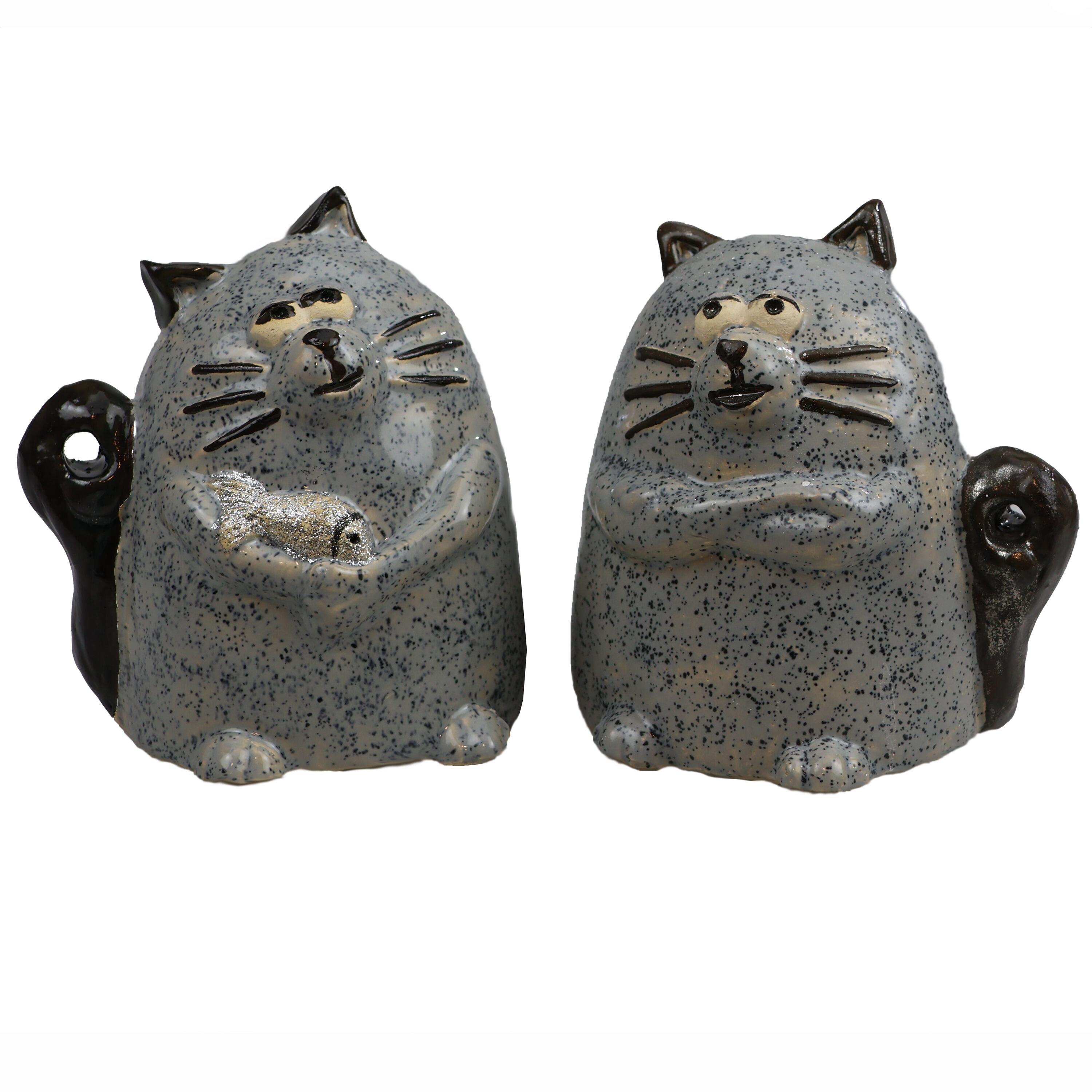 Funky Handmade Ceramic Grumpy Cat with Fish in Various Colours and Metallic Tail