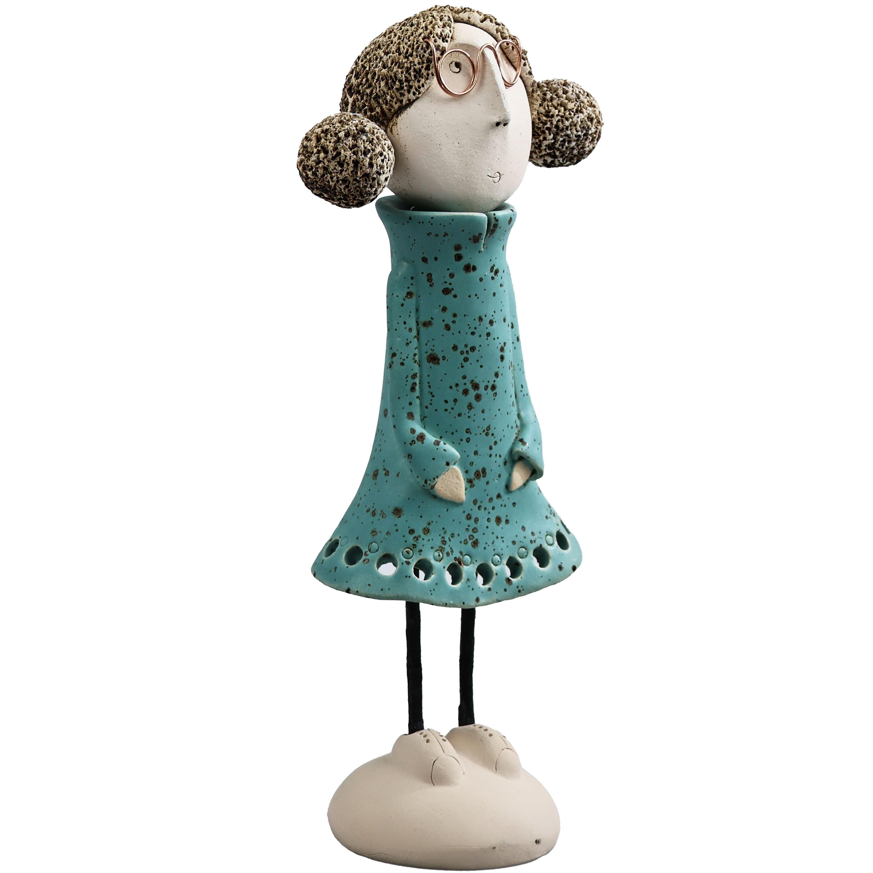 Handmade Ceramic Girl Figurine with Rounded Bunches | Home Décor Gift