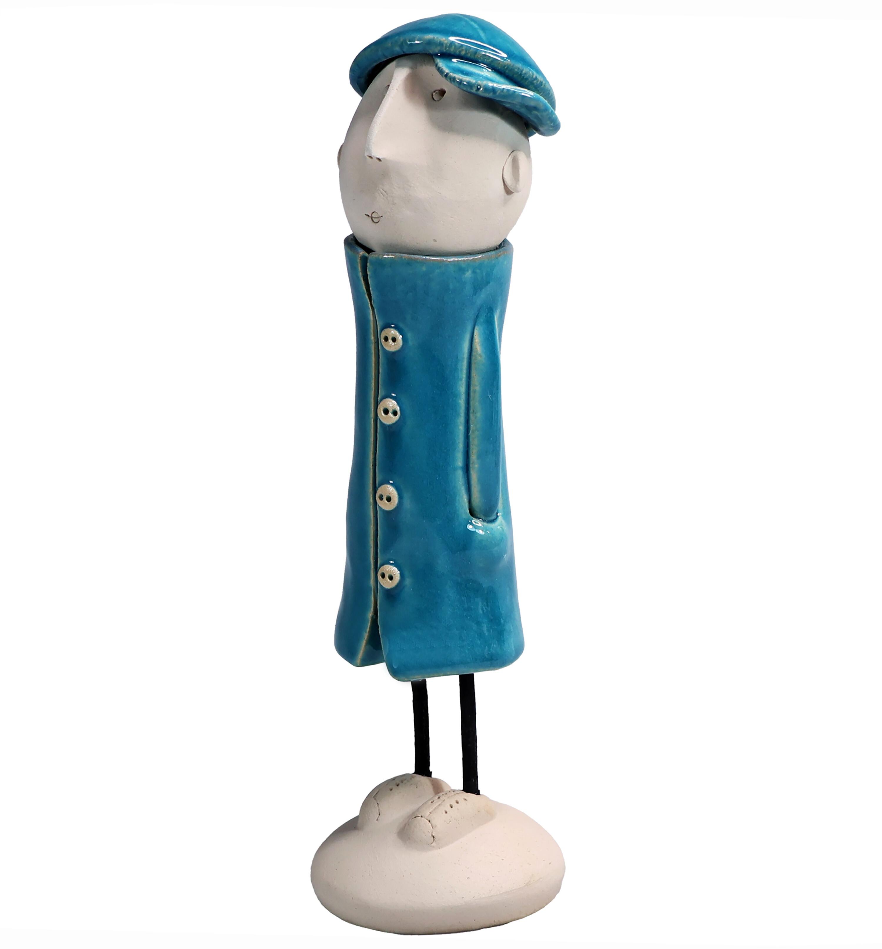 Handmade Ceramic Man Figurine in Great Coat & Baseball Cap | Couples Home Décor Gift