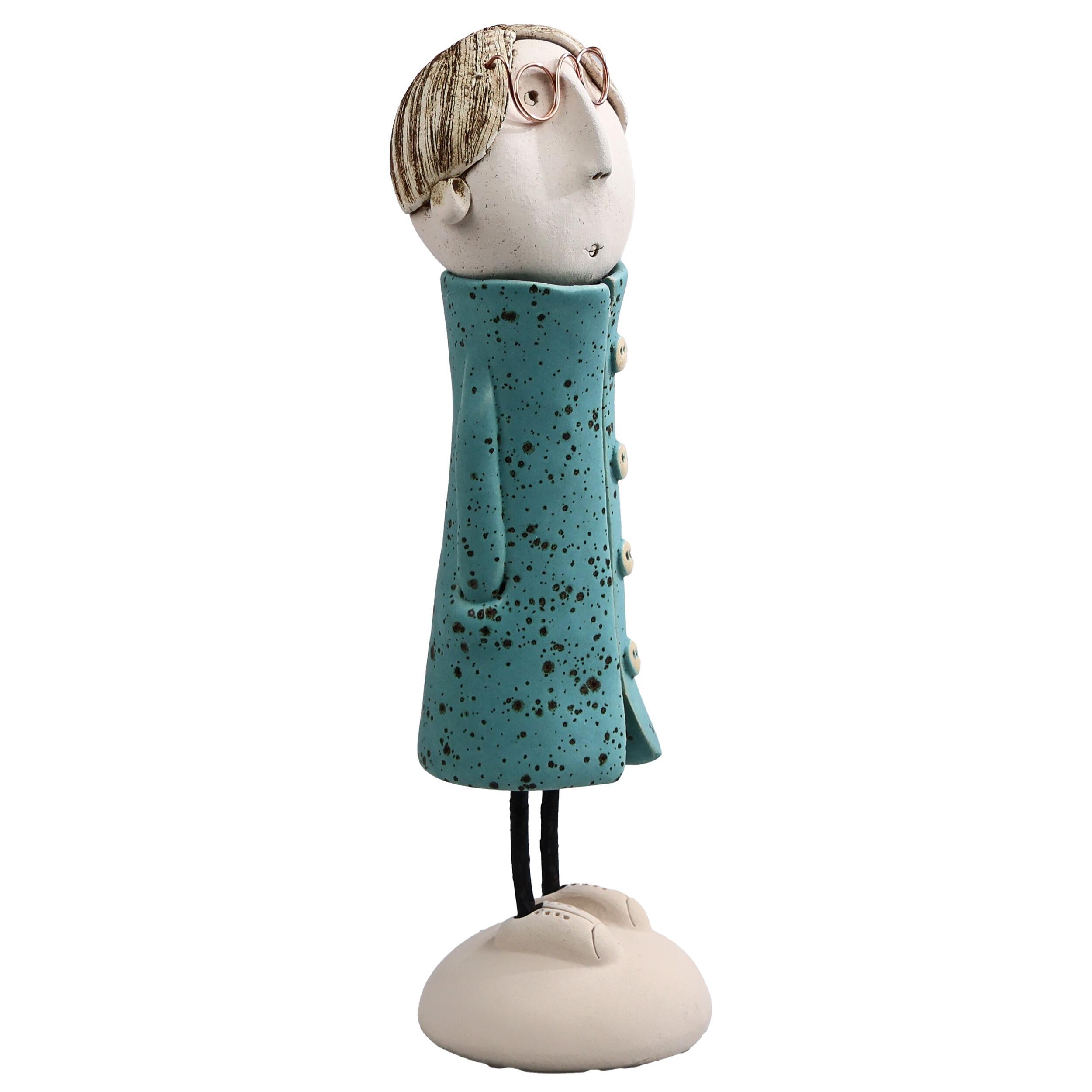 Handmade Ceramic Long-Haired Man Figurine with Specs & Great Coat | Couples Home Décor Gift
