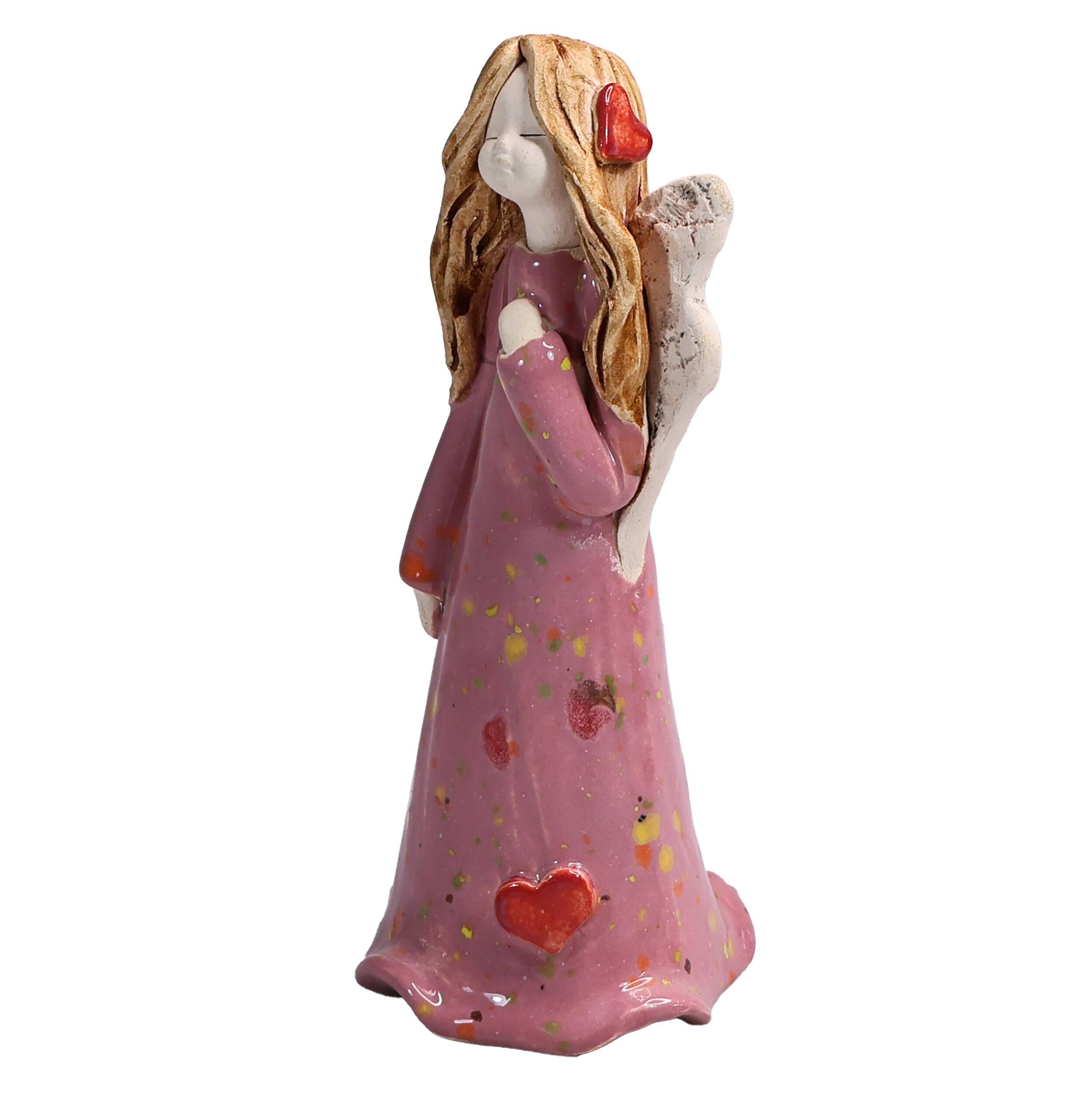 Handmade Pink Ceramic Angel with Red Hearts | Daughter Keepsake Figurine