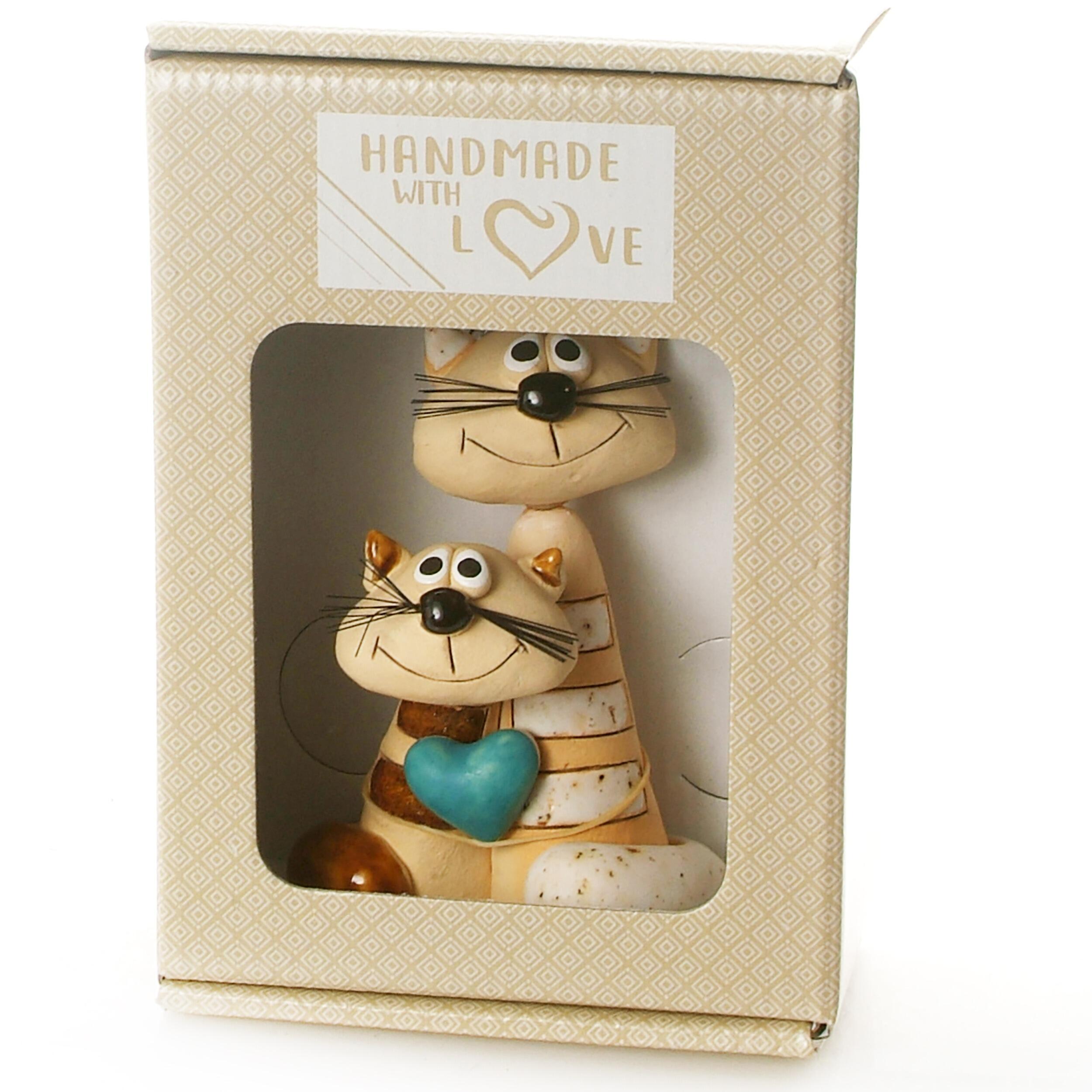 Magical Cat Pair with Blue Heart Handmade Ceramic Figurine
