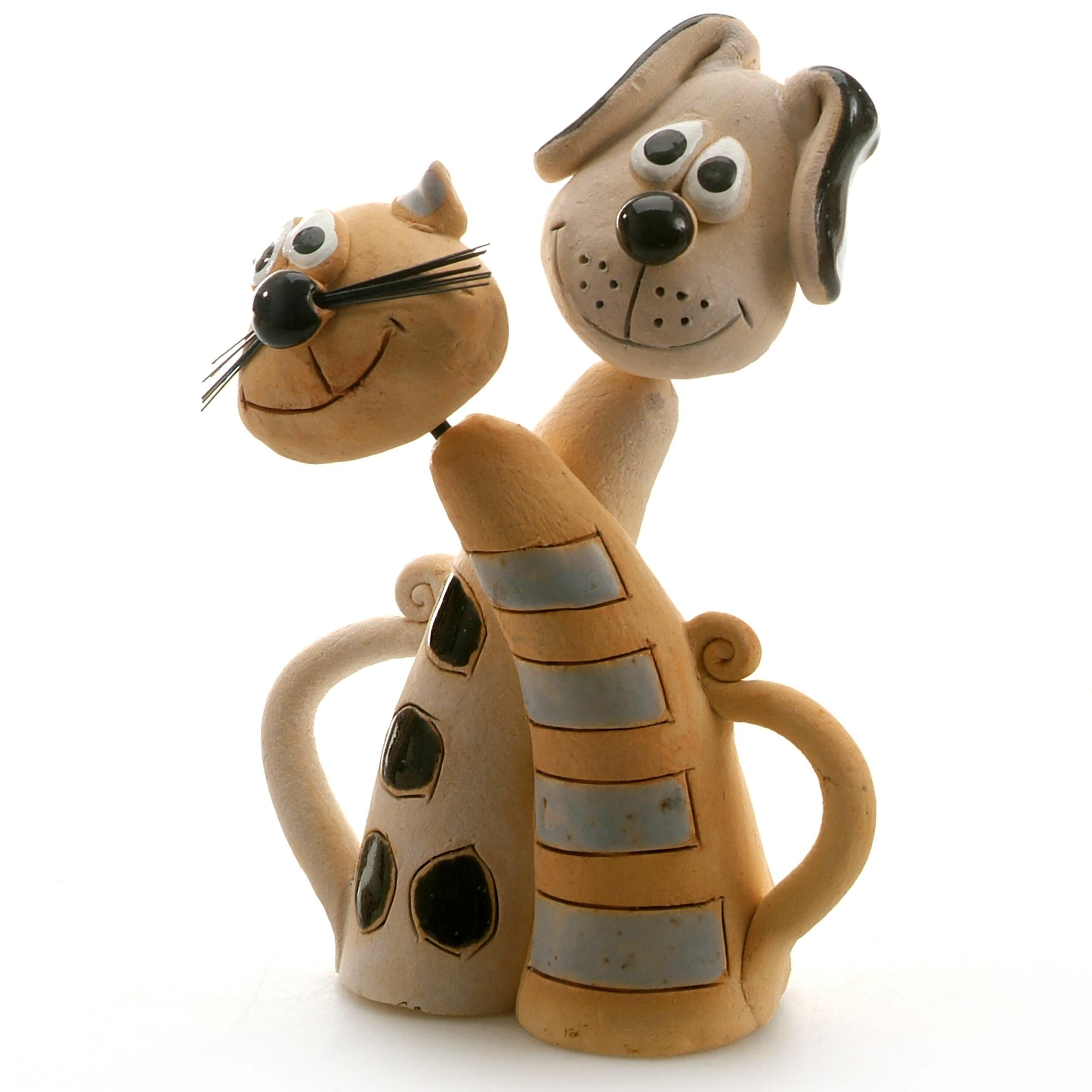 Handmade Ceramic Cat & Dog Figurine – Grey Striped Cat and Black Spotted Dog – Pet Lover Gift – Animal Home Décor