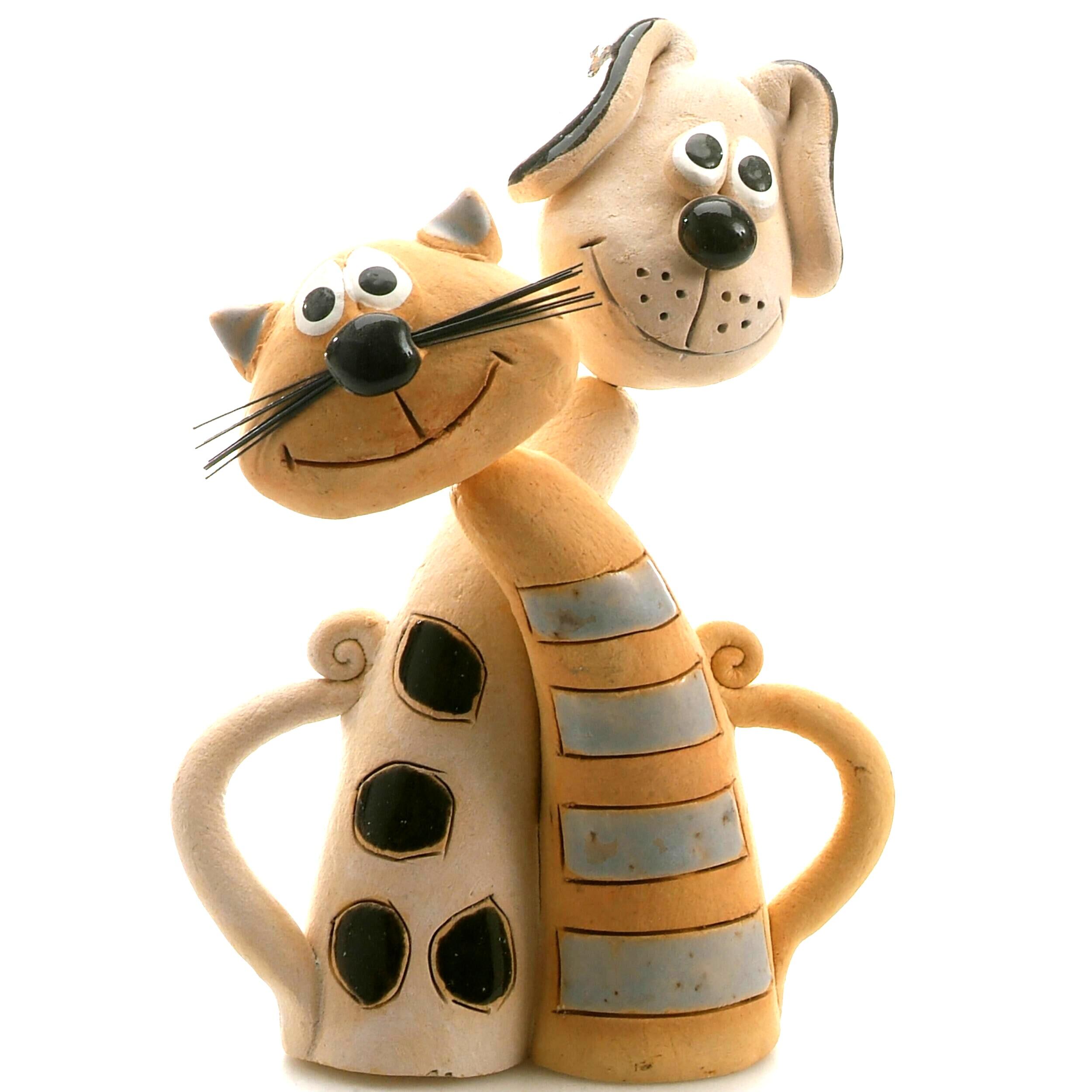 Handmade Ceramic Cat & Dog Figurine – Grey Striped Cat and Black Spotted Dog – Pet Lover Gift – Animal Home Décor