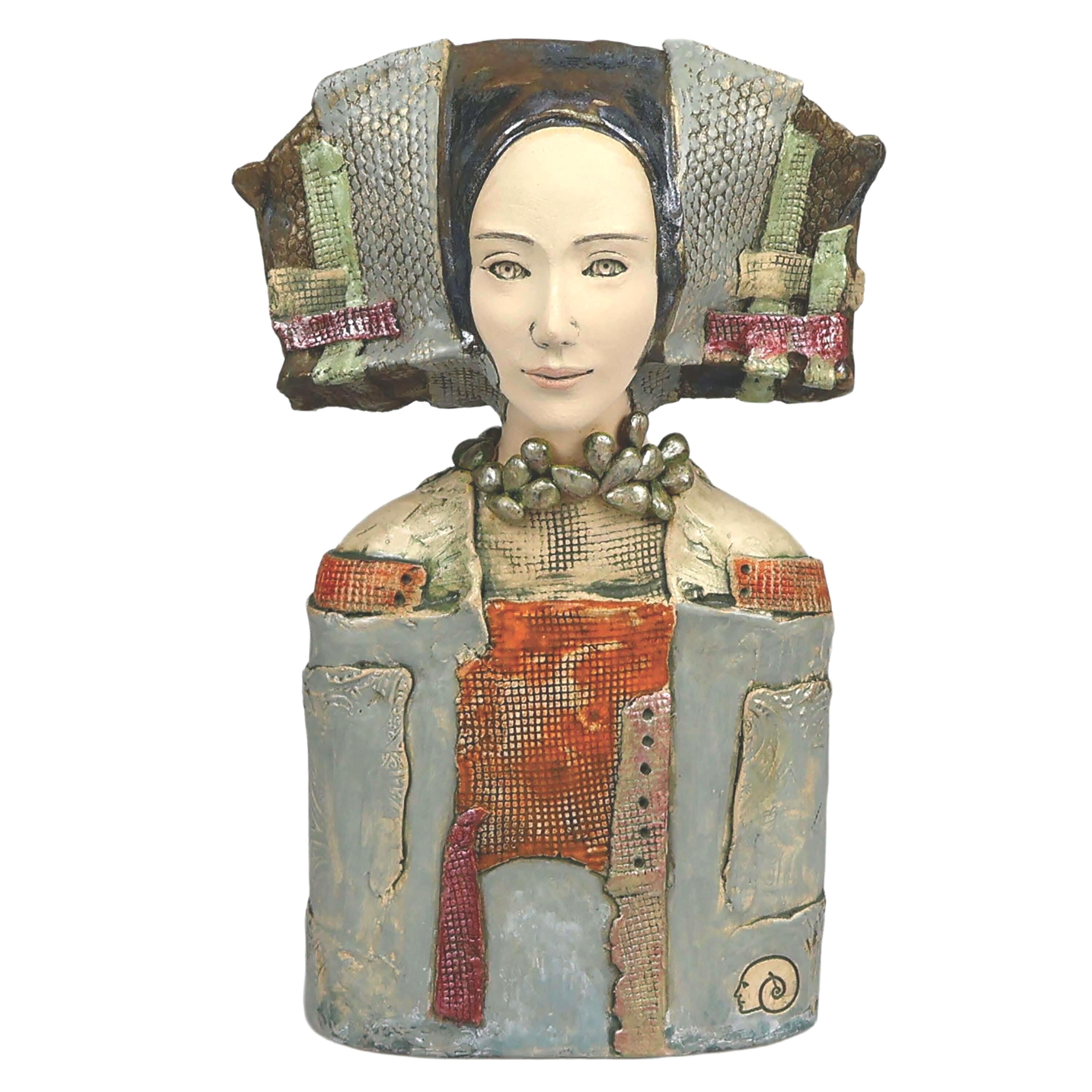 Unique fantasy female bust sculpture featuring intricate fabric textures and imaginative fantasy head wear