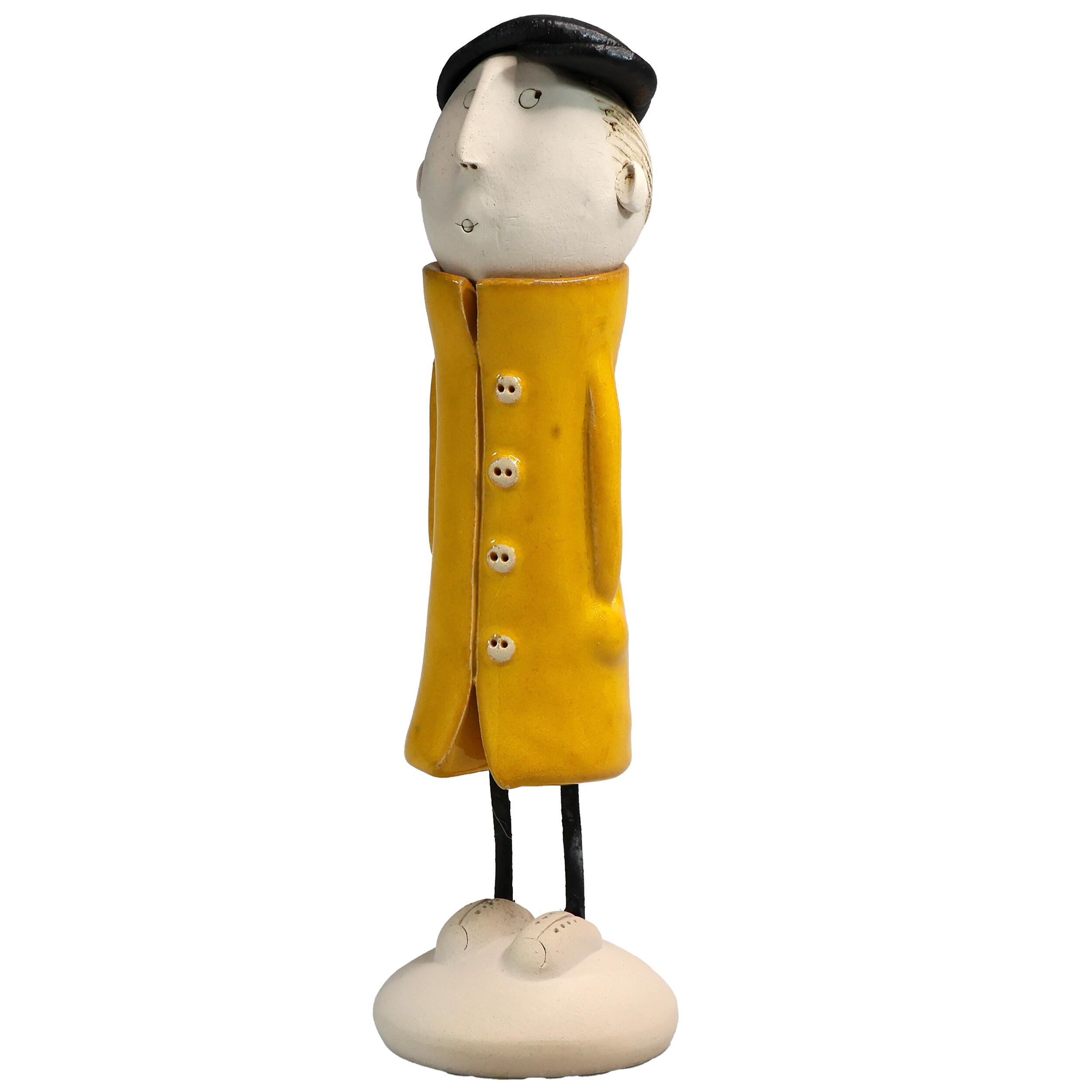 Handmade Ceramic Man Figurine in Great Coat & Baseball Cap | Couples Home Décor Gift
