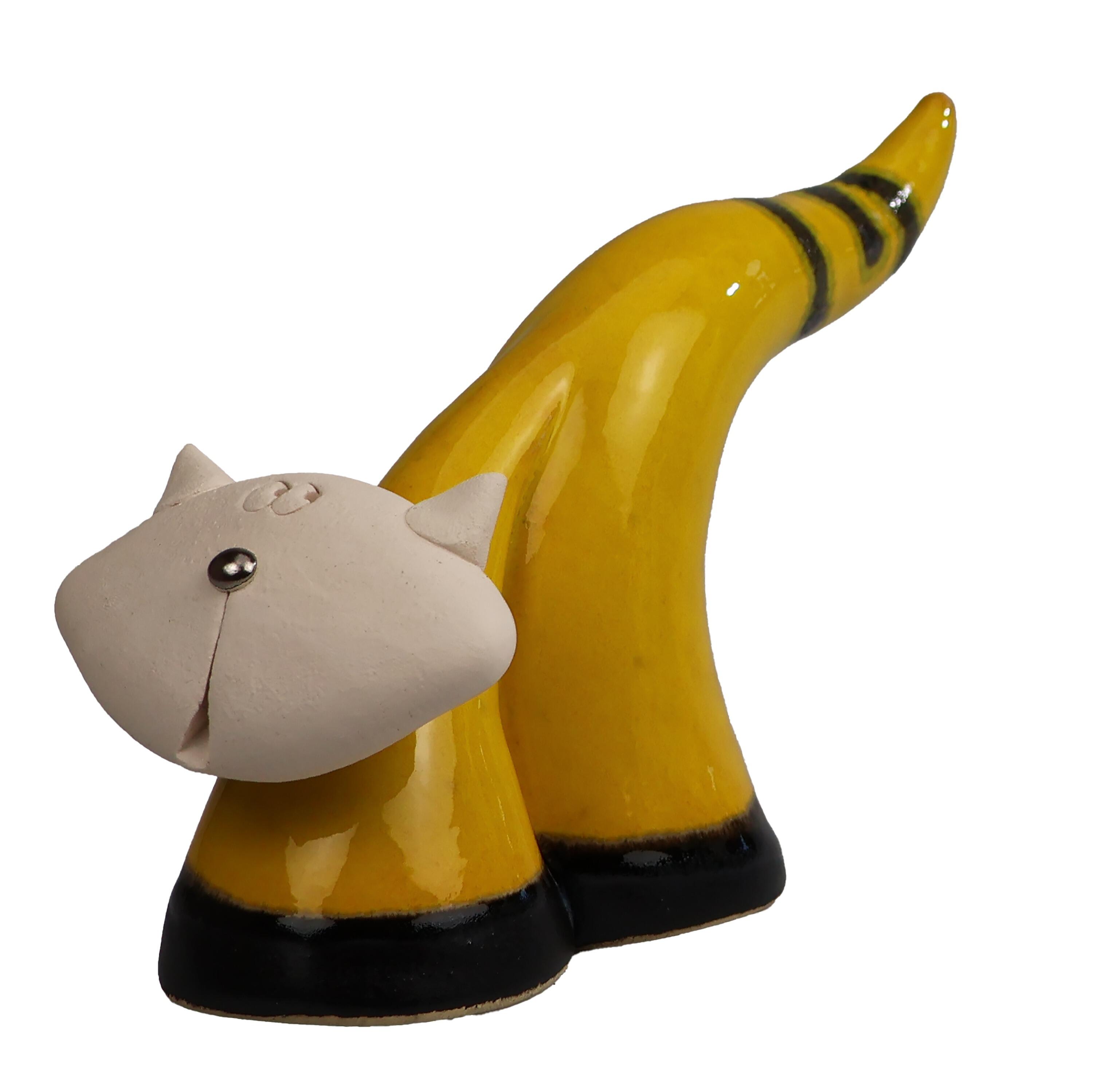 Handmade Ceramic Slender Cat with Elongated Striped Tail – Contemporary Style