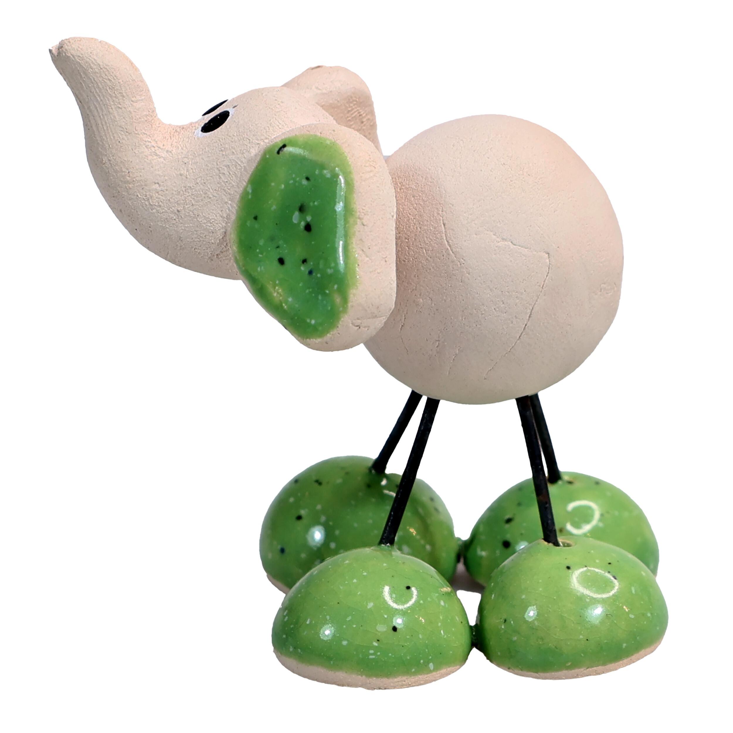 Quirky Handmade Ceramic Mini Elephant with Trunk Up and Wire Legs