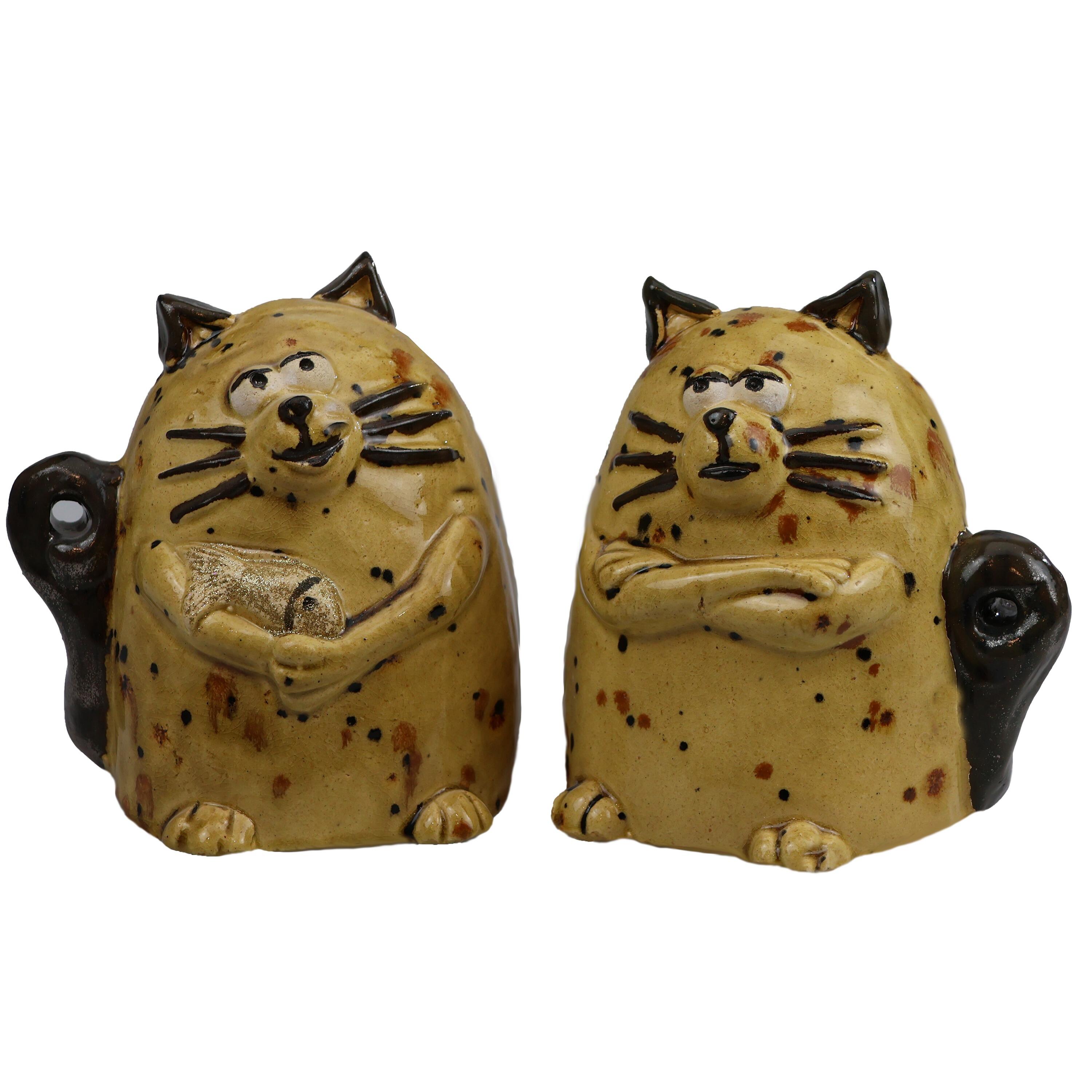 Funky Handmade Ceramic Grumpy Cat with Fish in Various Colours and Metallic Tail