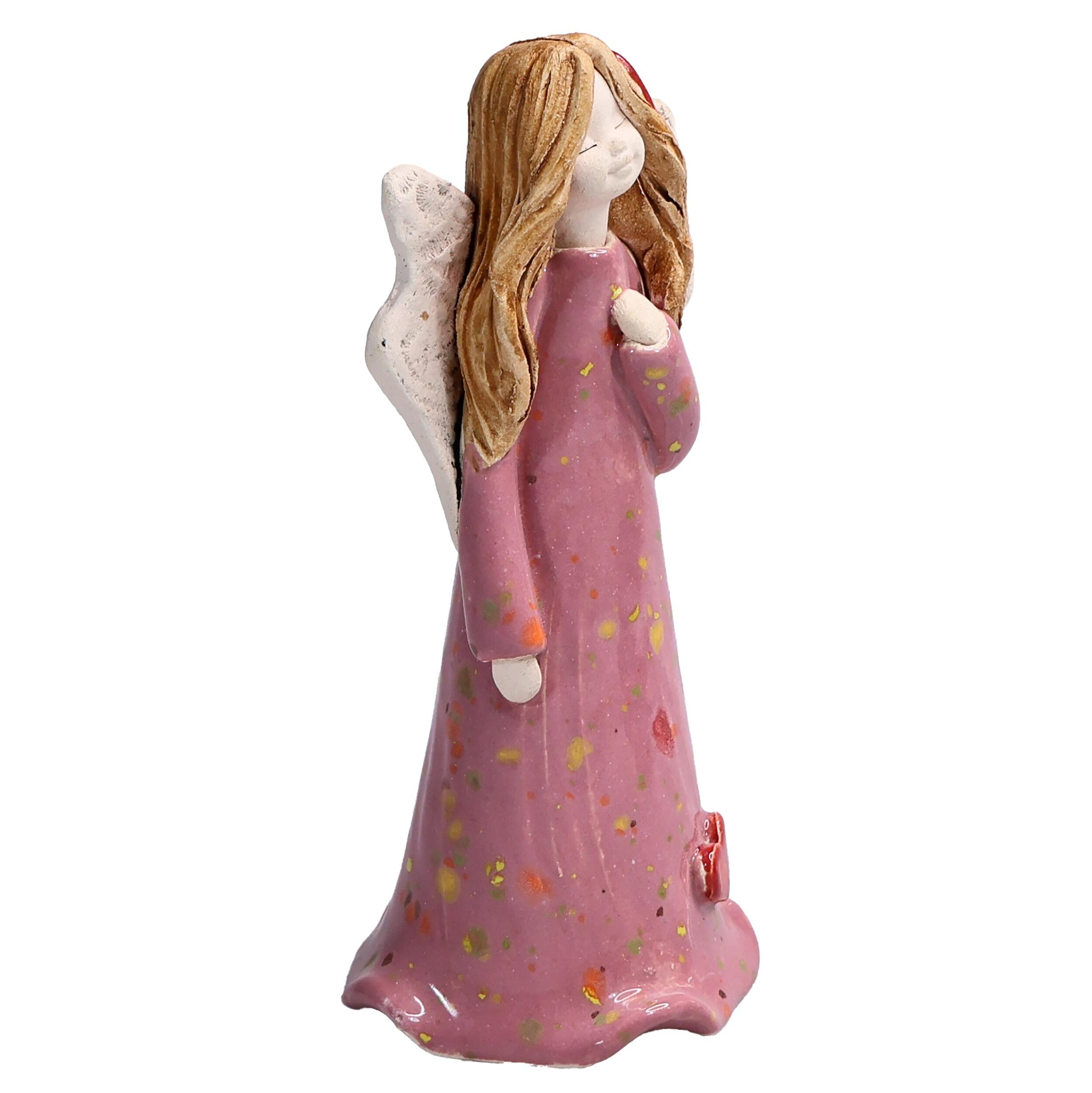 Handmade Pink Ceramic Angel with Red Hearts | Daughter Keepsake Figurine
