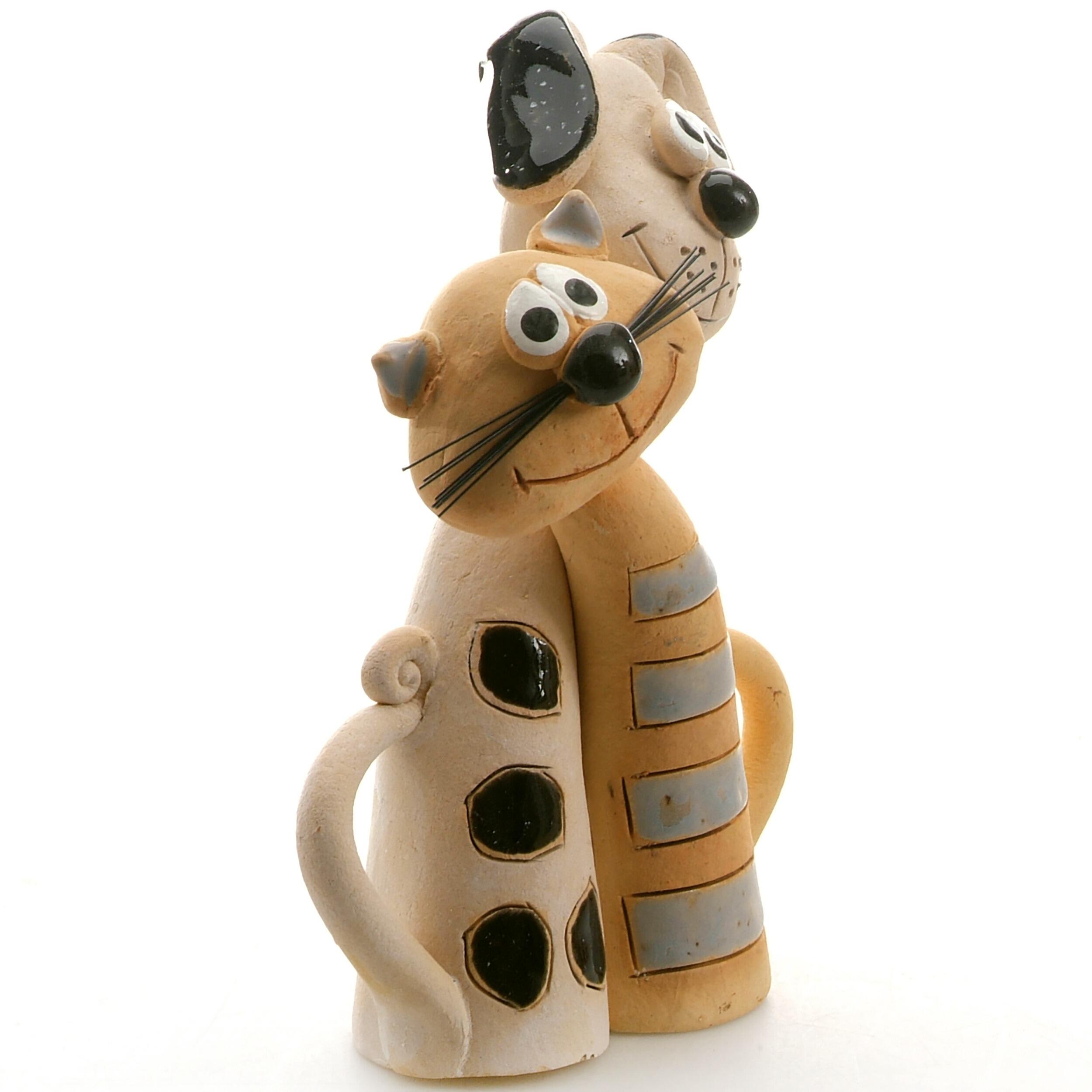 Handmade Ceramic Cat & Dog Figurine – Grey Striped Cat and Black Spotted Dog – Pet Lover Gift – Animal Home Décor