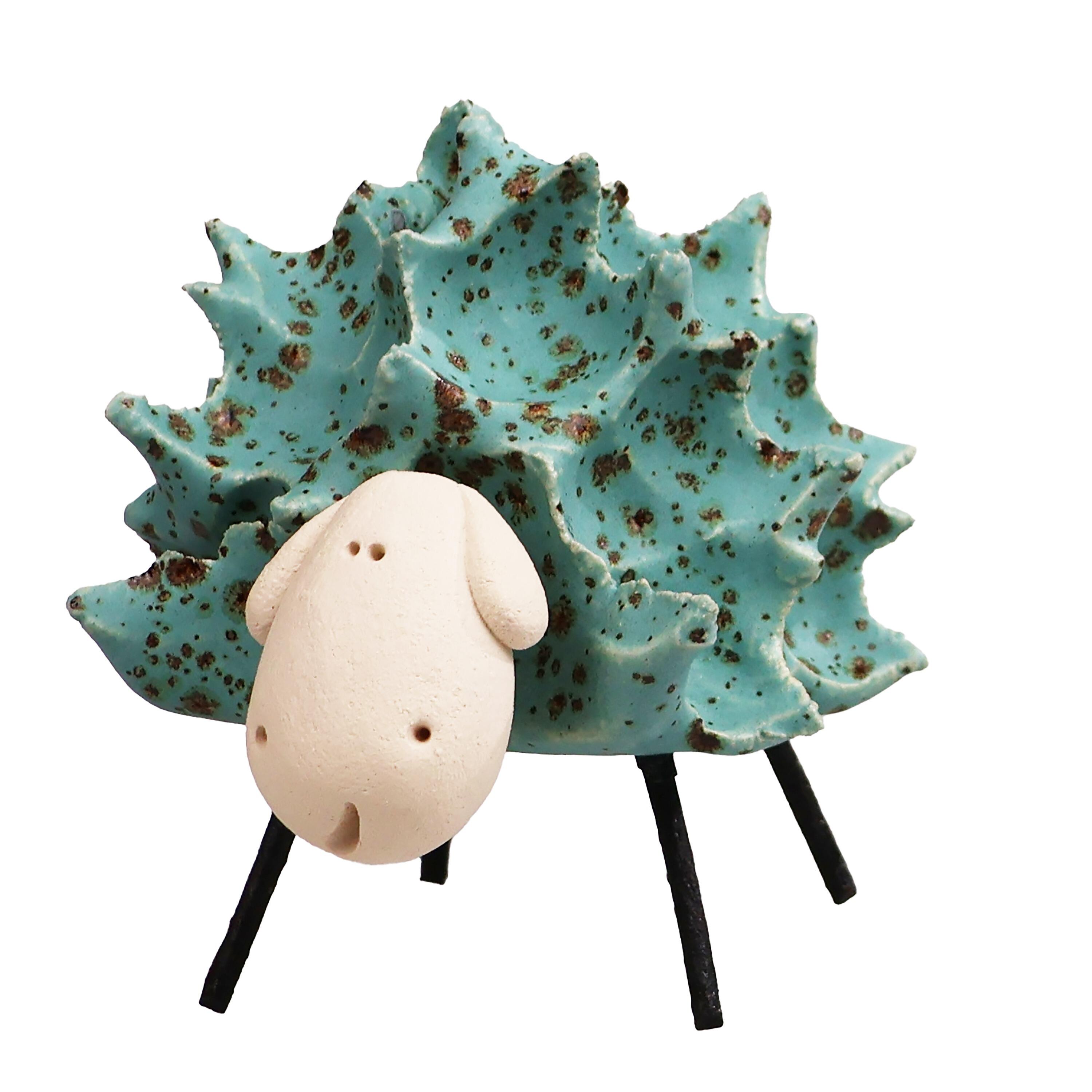 Baby fluffy sheep handmade ceramic ornament with metal legs. Cute, charming décor and a perfect gift for animal lovers.