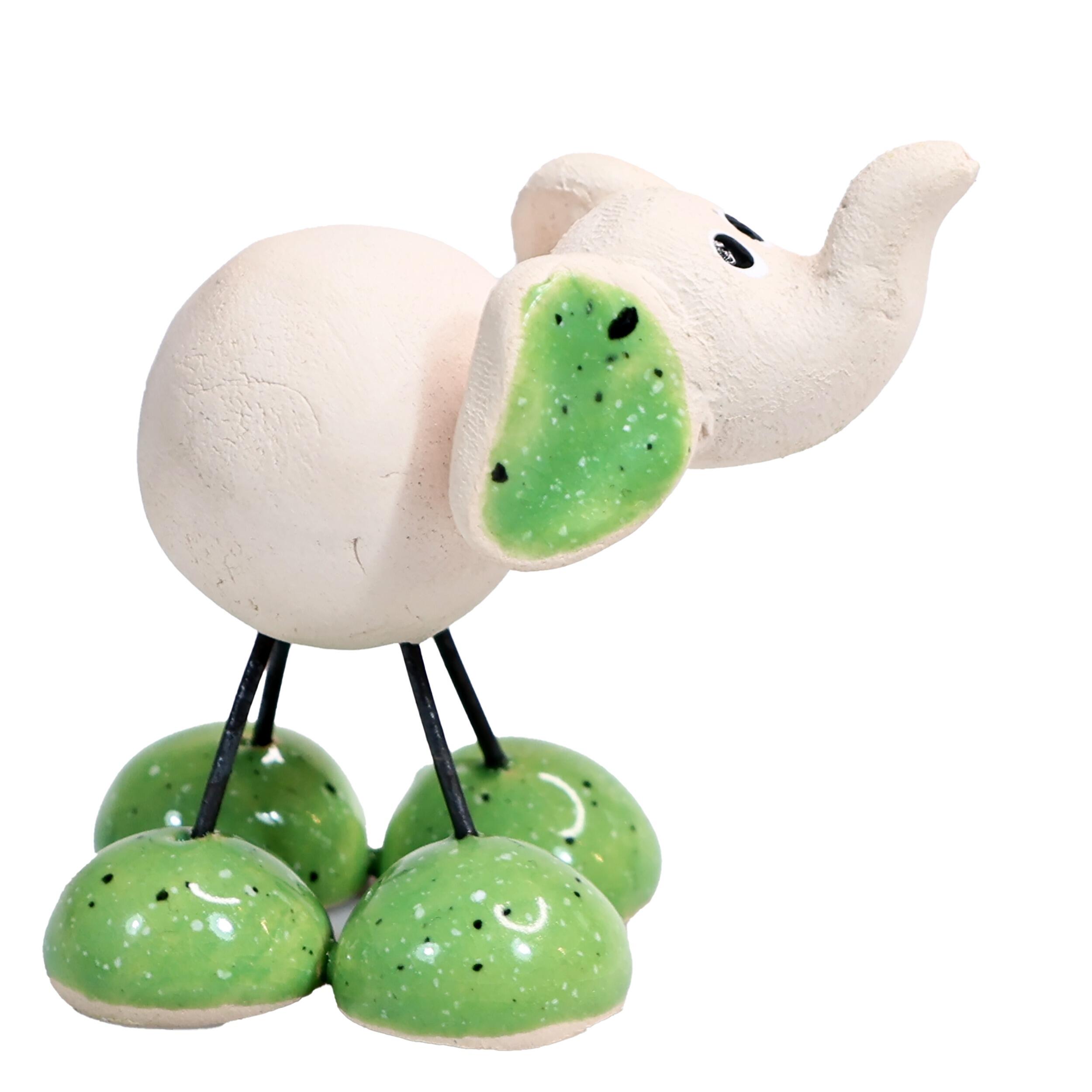 Quirky Handmade Ceramic Mini Elephant with Trunk Up and Wire Legs