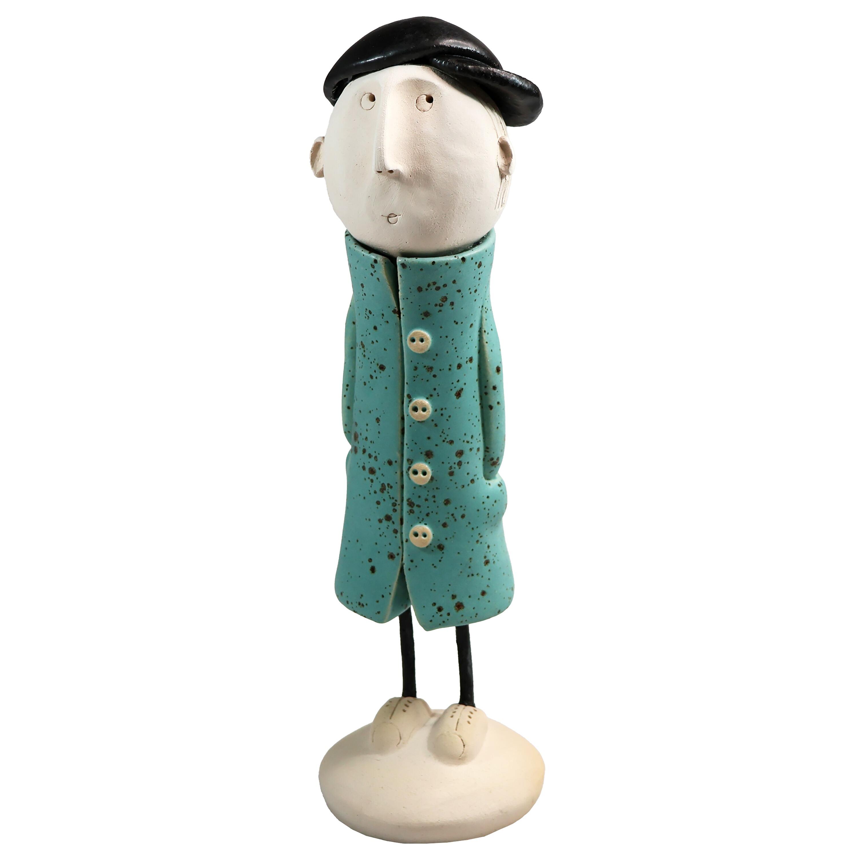 Handmade Ceramic Man Figurine in Great Coat & Baseball Cap | Couples Home Décor Gift