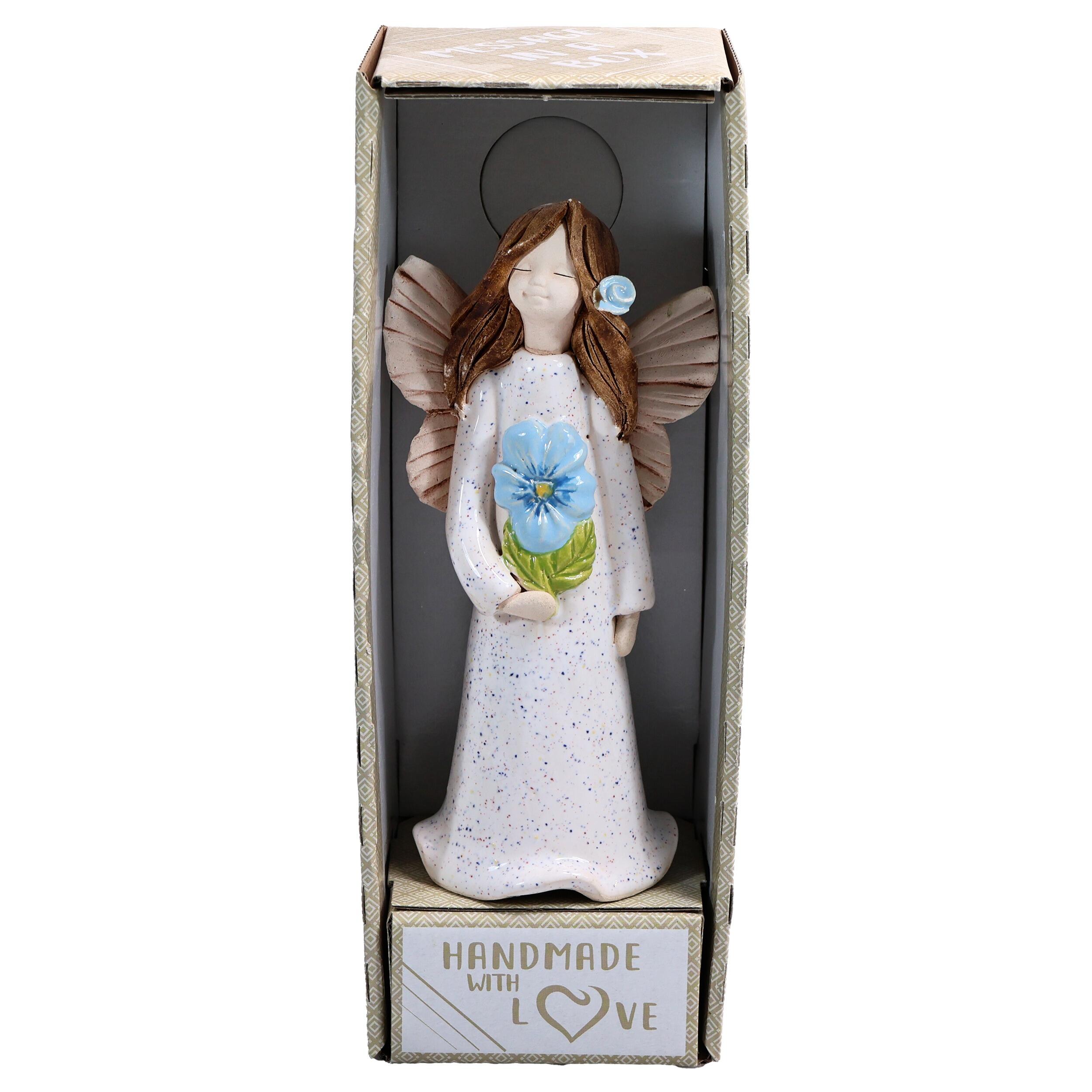 Handmade Ceramic Angel Holding Blue Flower | Friendship Figurine