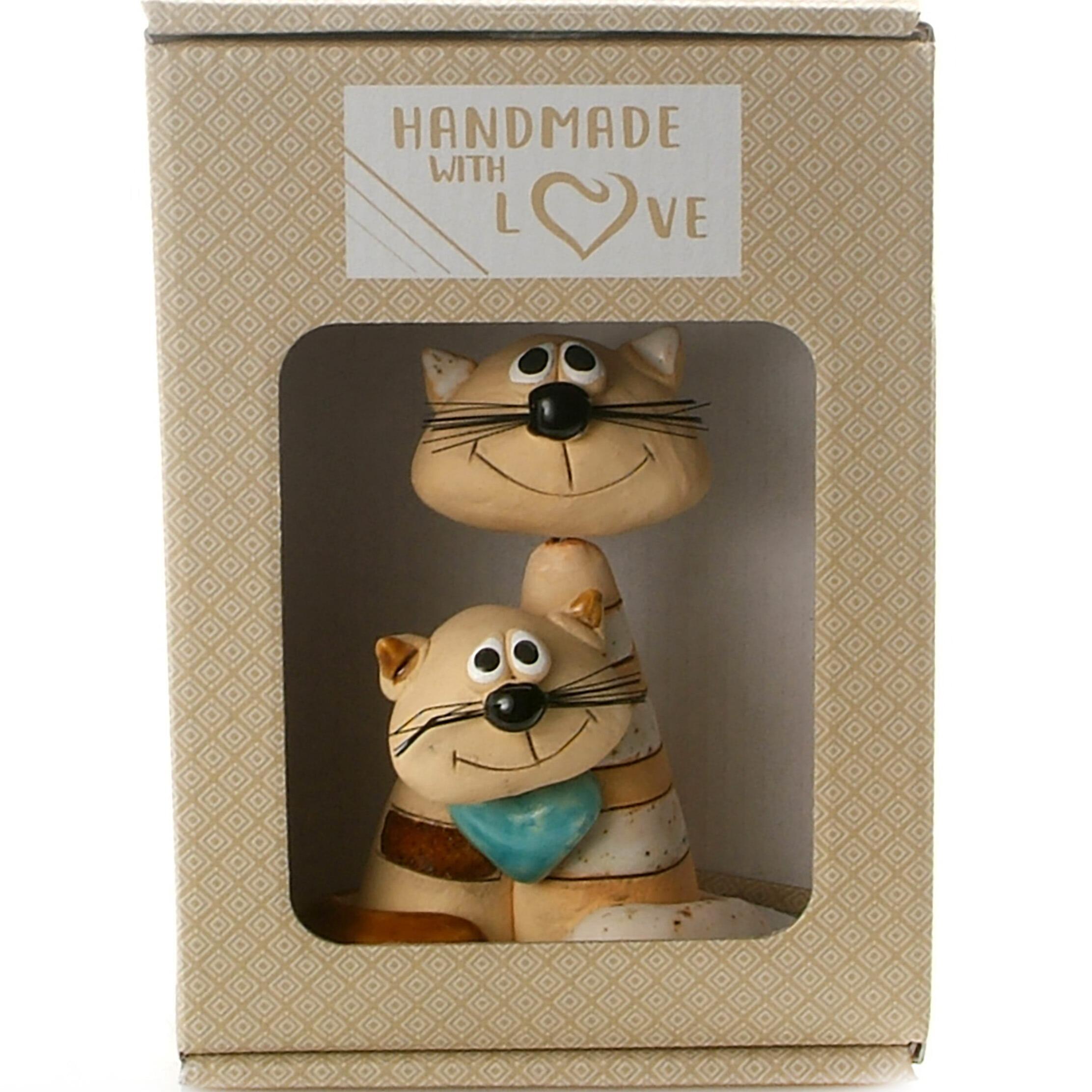 Magical Cat Pair with Blue Heart Handmade Ceramic Figurine