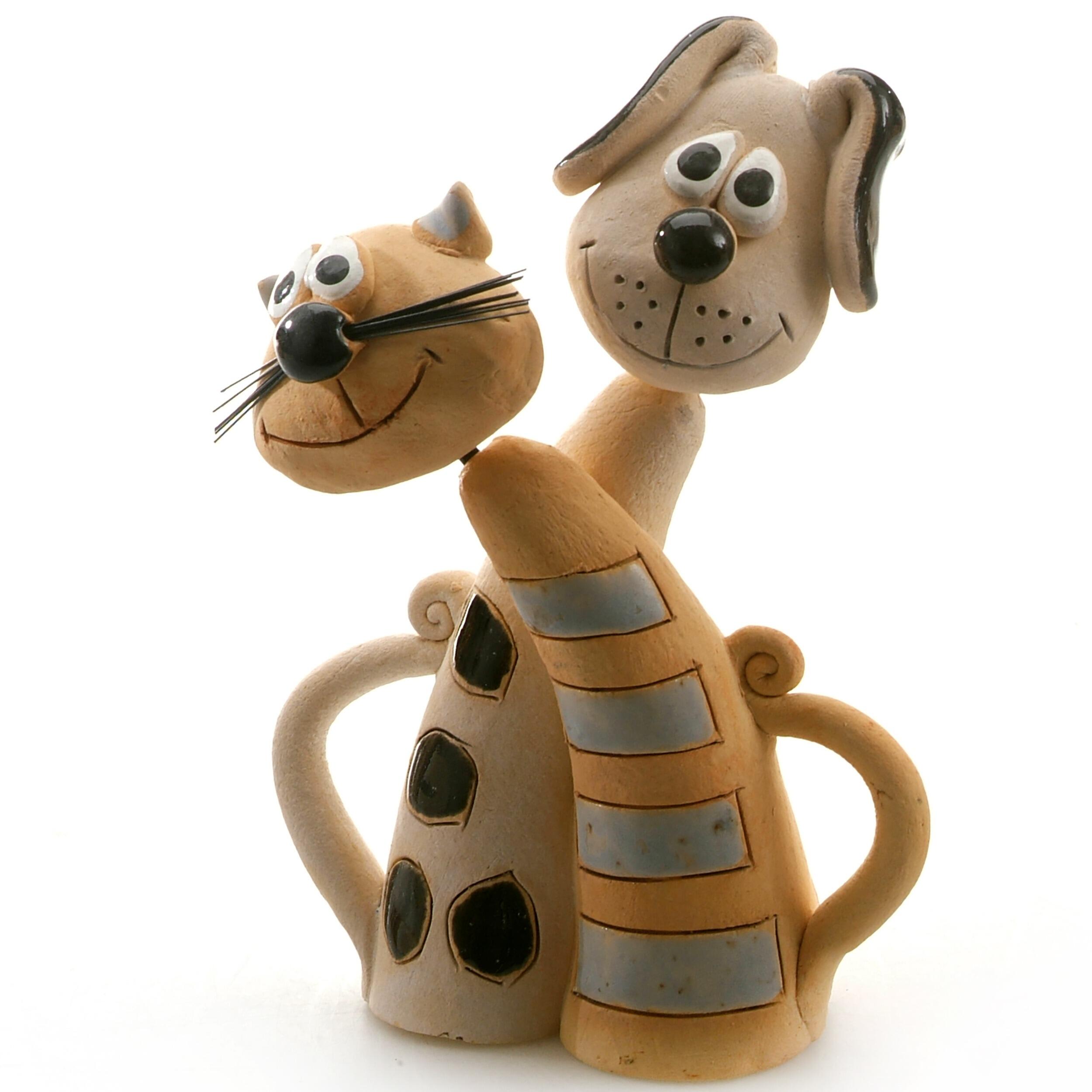 Handmade Ceramic Cat & Dog Figurine – Grey Striped Cat and Black Spotted Dog – Pet Lover Gift – Animal Home Décor