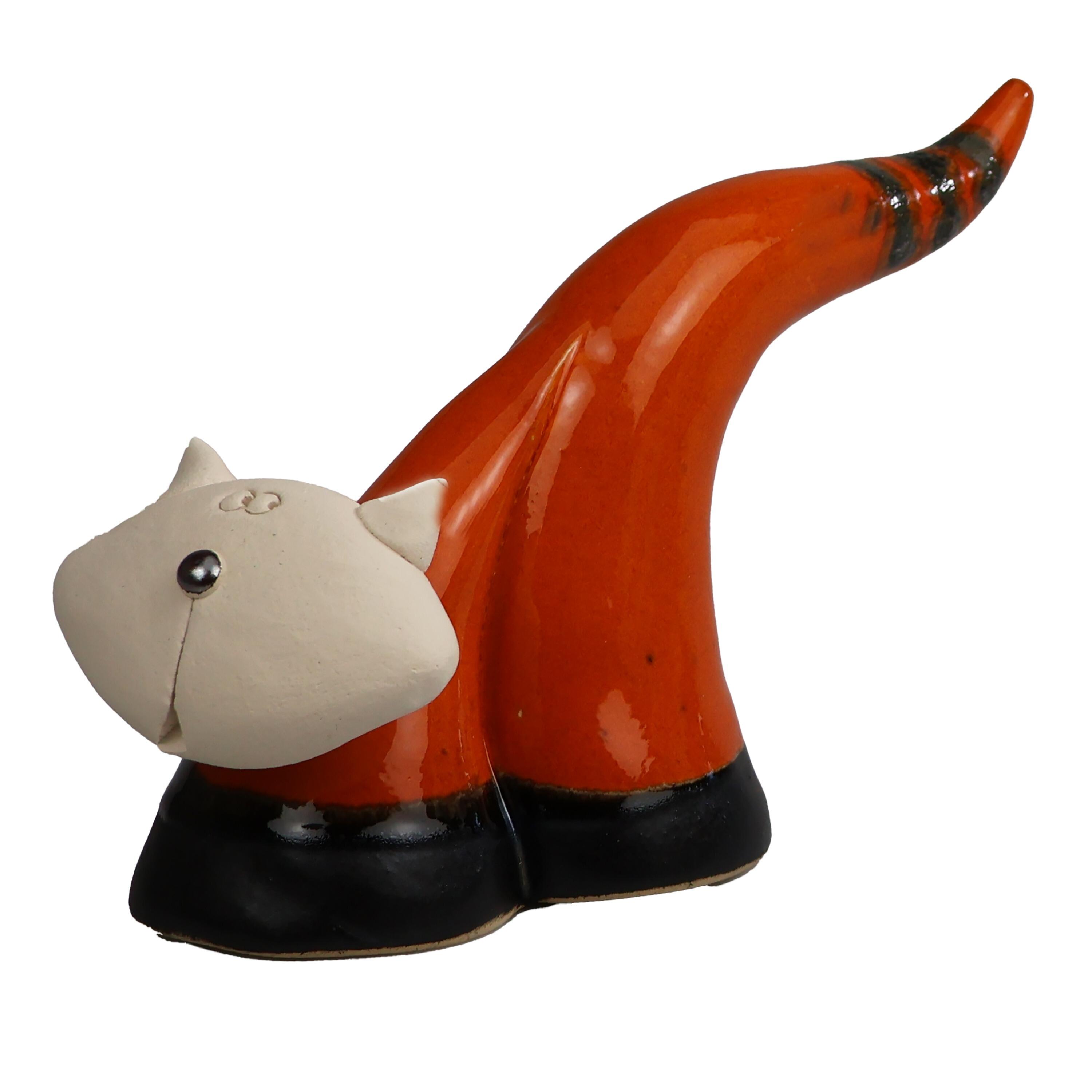 Handmade Ceramic Slender Cat with Elongated Striped Tail – Contemporary Style