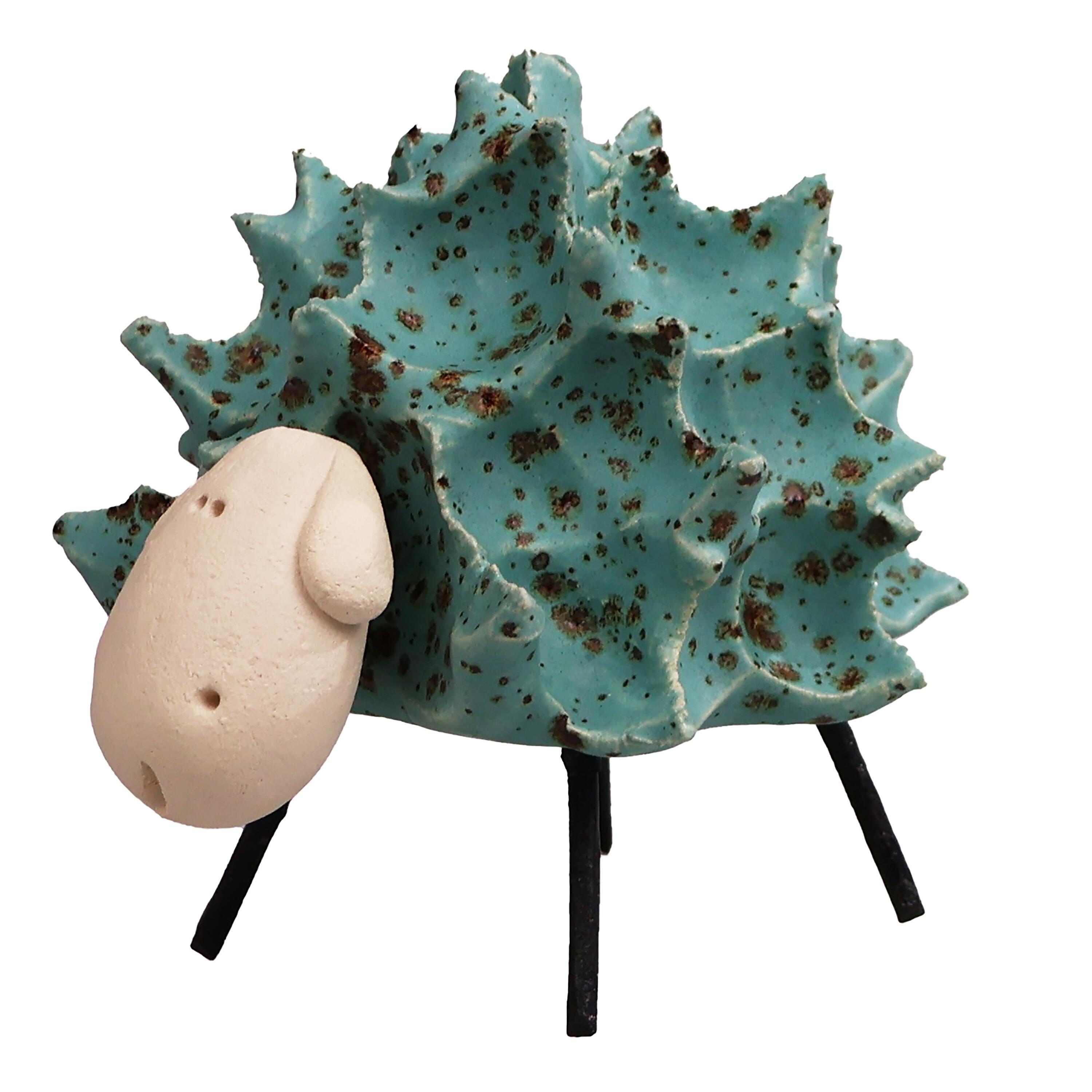 Baby fluffy sheep handmade ceramic ornament with metal legs. Cute, charming décor and a perfect gift for animal lovers.