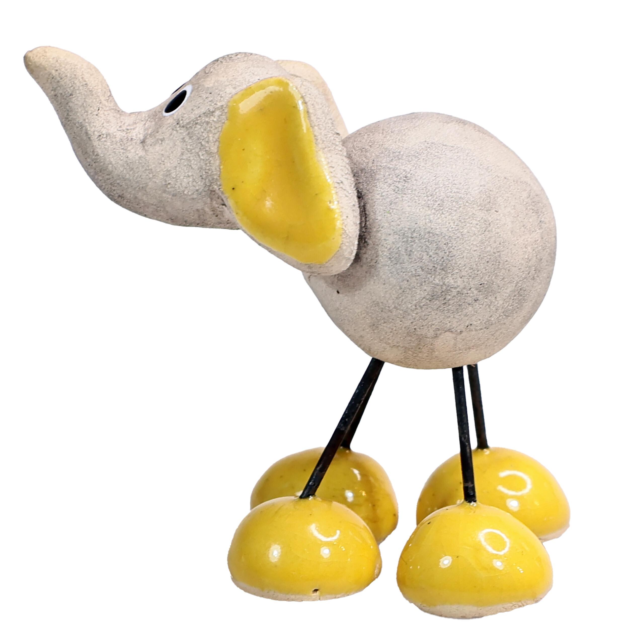 Quirky Handmade Ceramic Mini Elephant with Trunk Up and Wire Legs