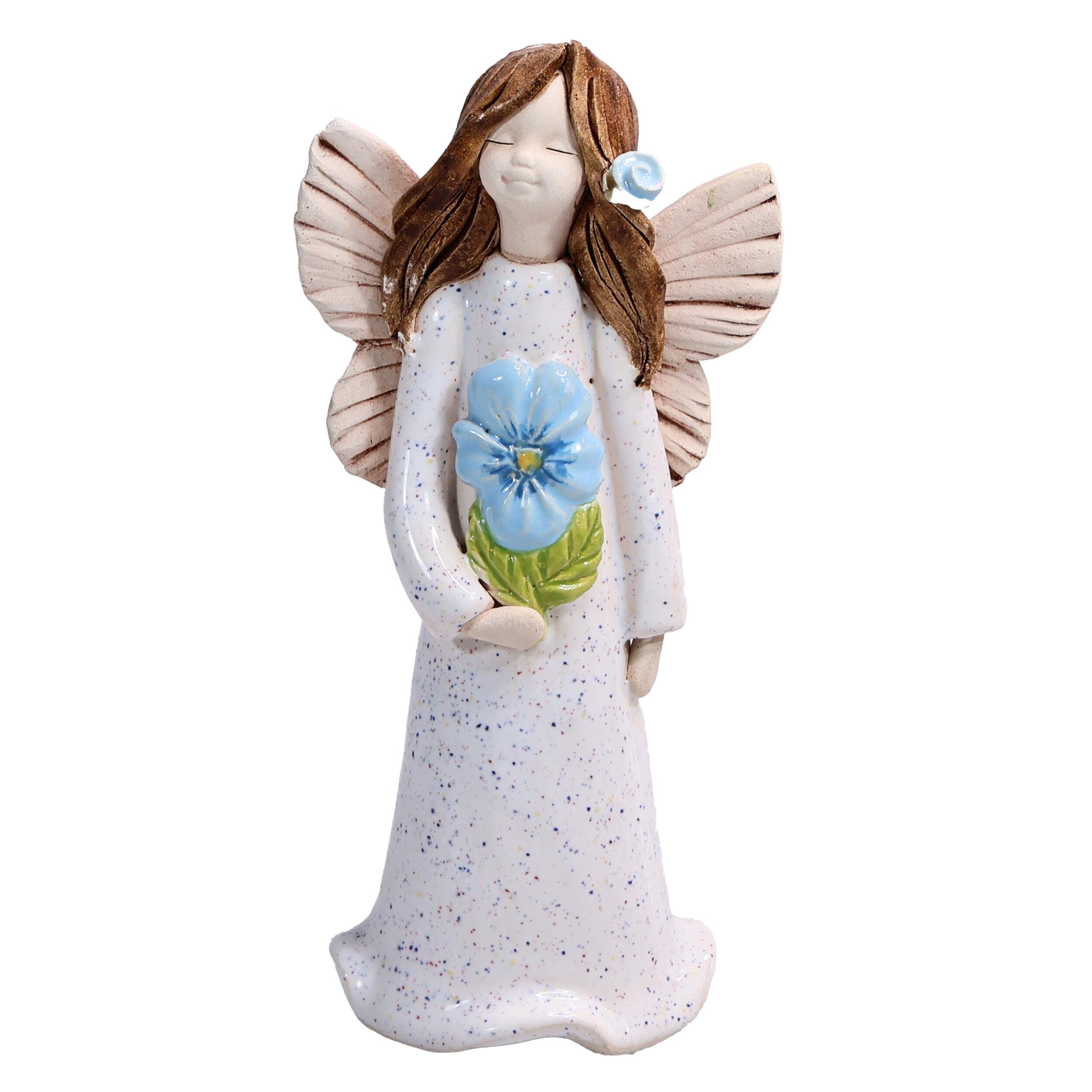 Handmade Ceramic Angel Holding Blue Flower | Friendship Figurine